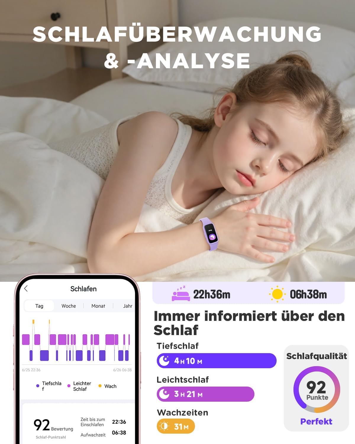 BIGGERFIVE Vigor 3 Kinder-Fitness-Armbanduhr mit AMOLED-Display ohne App und ohne Smartphone, 3ATM wasserdicht, Herzfrequenzmesser, Schlaftracker, Fitnessuhr, Sportuhr, Schrittzähler für Mädchen 5-12 Jahre, Lila – Bild 5