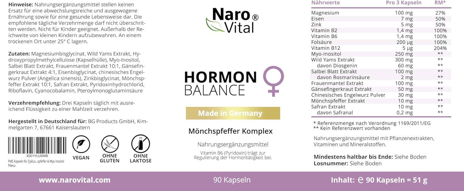 Hormone Balance Frauenkomplex mit Mönchspfeffer hochdosiert, Myo-Inositol & Yamswurzel für Zyklus, PMS, PCO, Wechseljahre Wechseljahre, 90 vegane Kapseln mit Agnus Castus – Bild 9