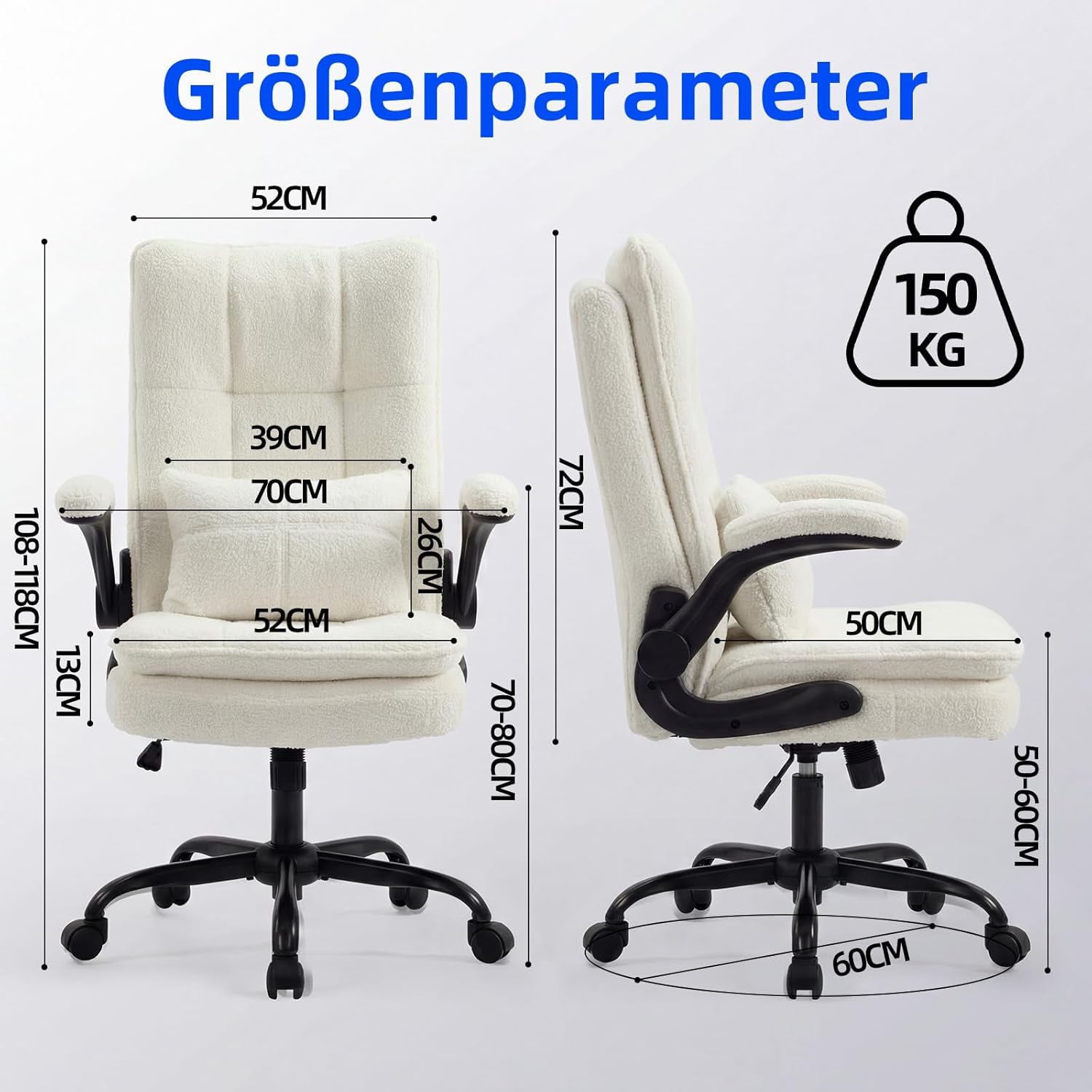Ergonomischer Bürostuhl (Testsieger), Schreibtischstuhl, Teddystoff & hohe Rückenlehne, höhenverstellbar & Wippfunktion, Chefsessel, 150 kg, Drehstuhl mit Rollen, PC-Stuhl, Beige – Bild 3