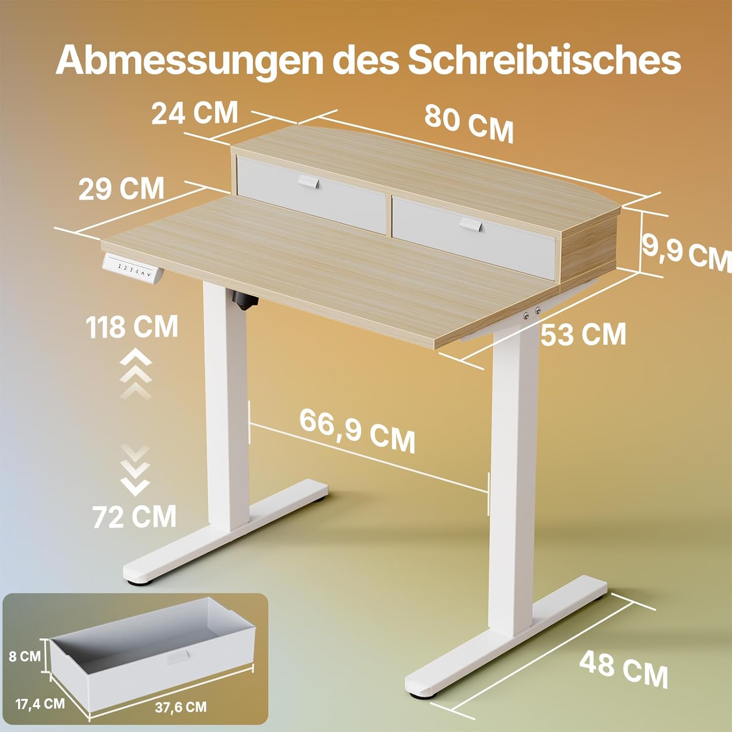 HUANUO Höhenverstellbarer Schreibtisch 80 x 53 cm mit Schubladen, kompatibler C-Klemmhalterung, Schreibtisch höhenverstellbar mit 4 Memory-Höheneinstellungen – Bild 2