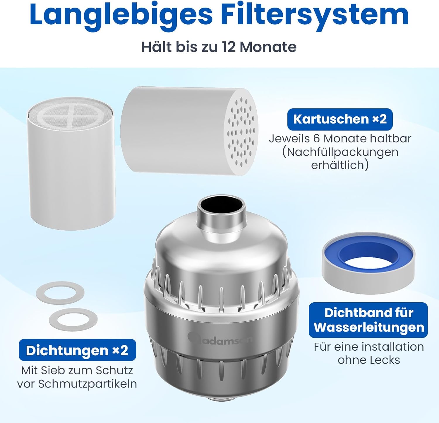 Adamson Duschfilter – 36-stufiger Duschfilter gegen Kalk und Chlor – Kalkfilter-Dusche & Wasserfilter-Dusche für weiche Haut und gesundes Haar – Duschkopffilter einfach zu installieren + extra Kartusche – Bild 8