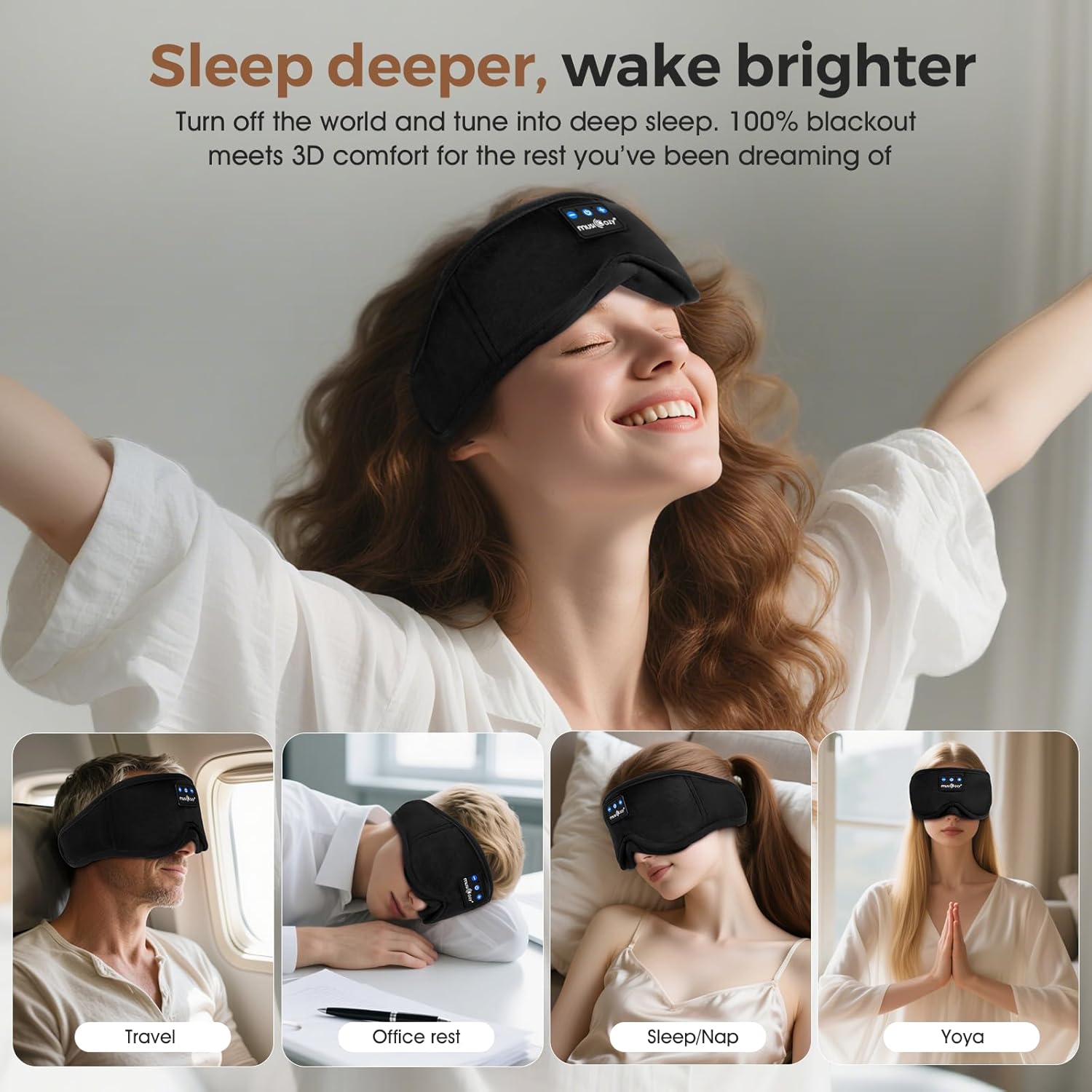 MUSICOZY Bluetooth-Schlafmaske mit Kopfhörer, bequeme 3D-Schlafmaske für Seitenschläfer, 100 % Verdunkelung und kein Druck auf die Augen, weich und atmungsaktiv, ideal zum Schlafen, Reisen, Flugzeug und Schlaflosigkeit, 14 – Bild 7
