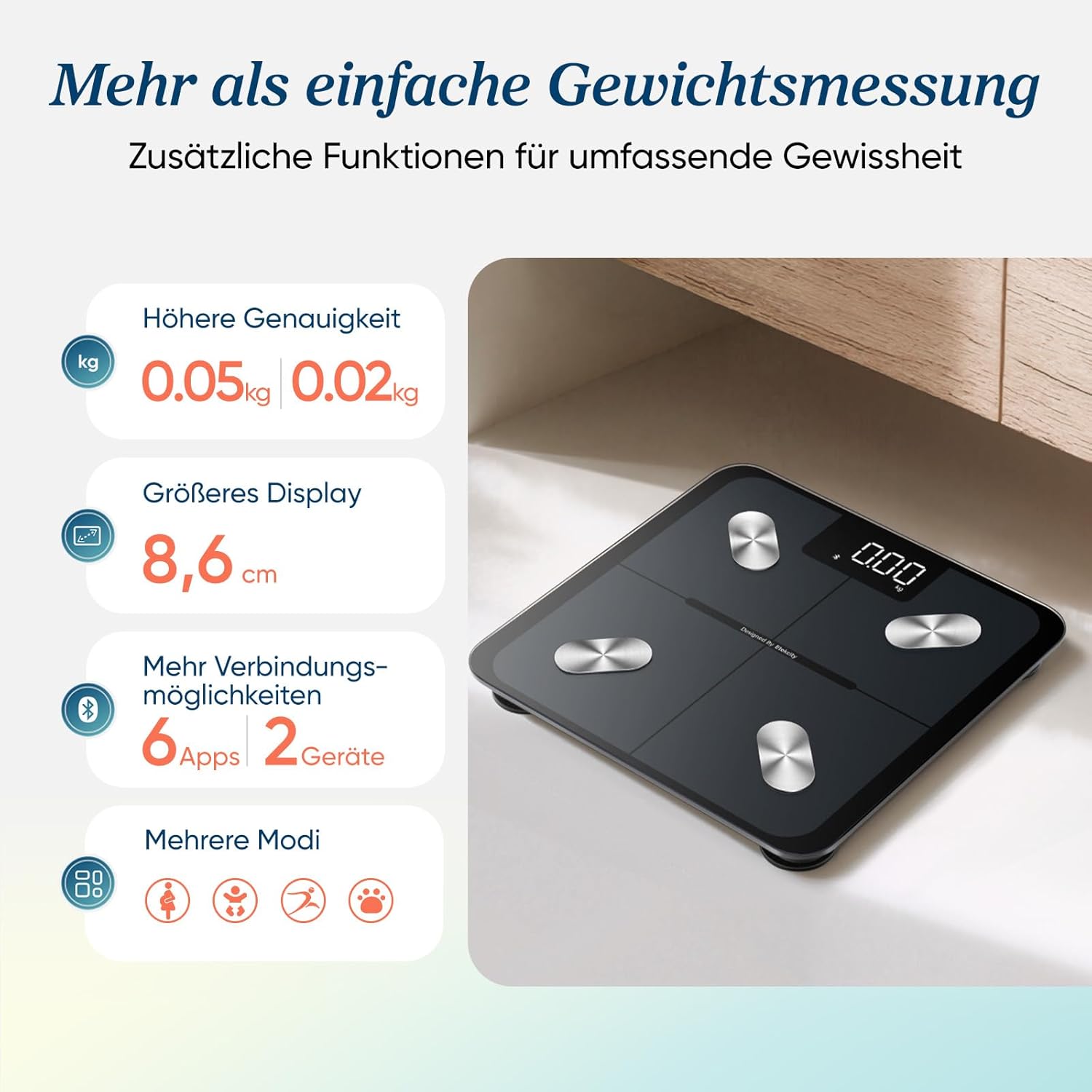 Etekcity Körperfettwaage - Personenwaage Digital mit 0,02 kg Genauigkeit - Bluetooth mit App für Fitness - Körperwaage zur Messung von Körperfett,BMI,Muskelmasse,Protein,BMR-Tiefschwarz-28 x 28 cm – Bild 10
