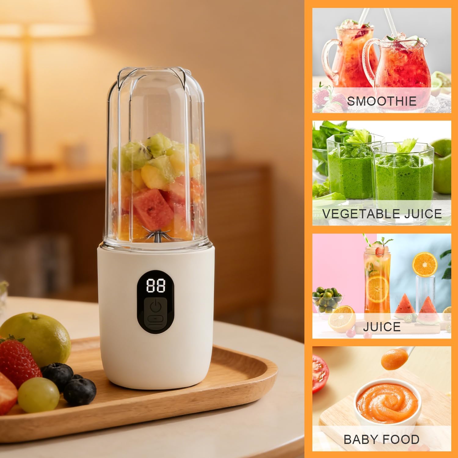 Tragbarer Mixer 500 ml, Smoothie Maker to Go mit Digitalanzeige & 16 Klingenklingen, Edelstahl, USB wiederaufladbarer Mini-Entsafter, BPA-freier Shaker für Shakes/Milchshakes für Küche/Reisen/Fitnessstudio (Weiß) – Bild 3