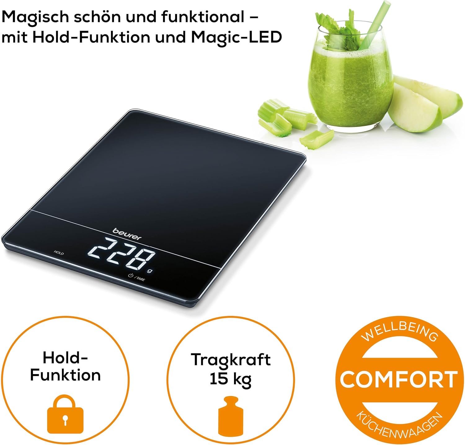 Beurer KS 34 Küchenwaage für präzises Wiegen bis 15 kg mit Tara-Wiegefunktion und Magic LED-Anzeige – Bild 2