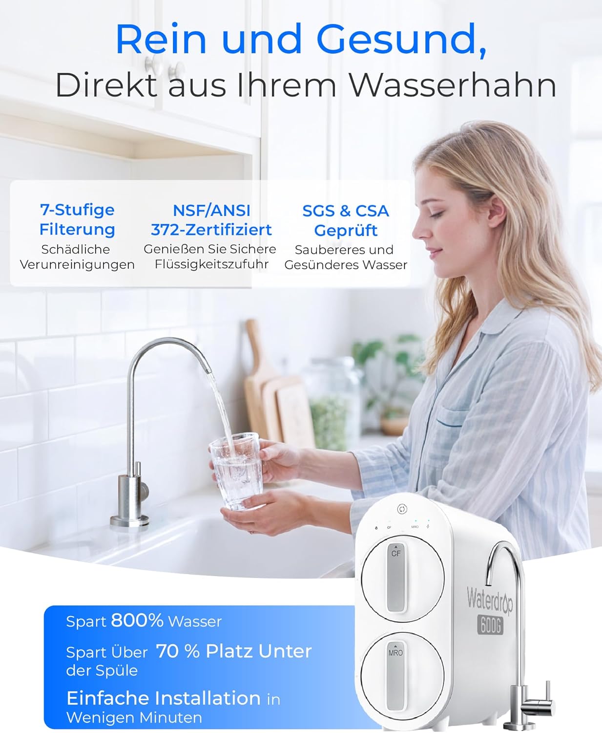 Waterdrop G2P600 Umkehrosmose-Wasserfiltersystem, 8000 Liter, 2:1 reines Wasser, ohne Tank, Entkalkungssystem, RO-System unter der Spüle – Bild 2
