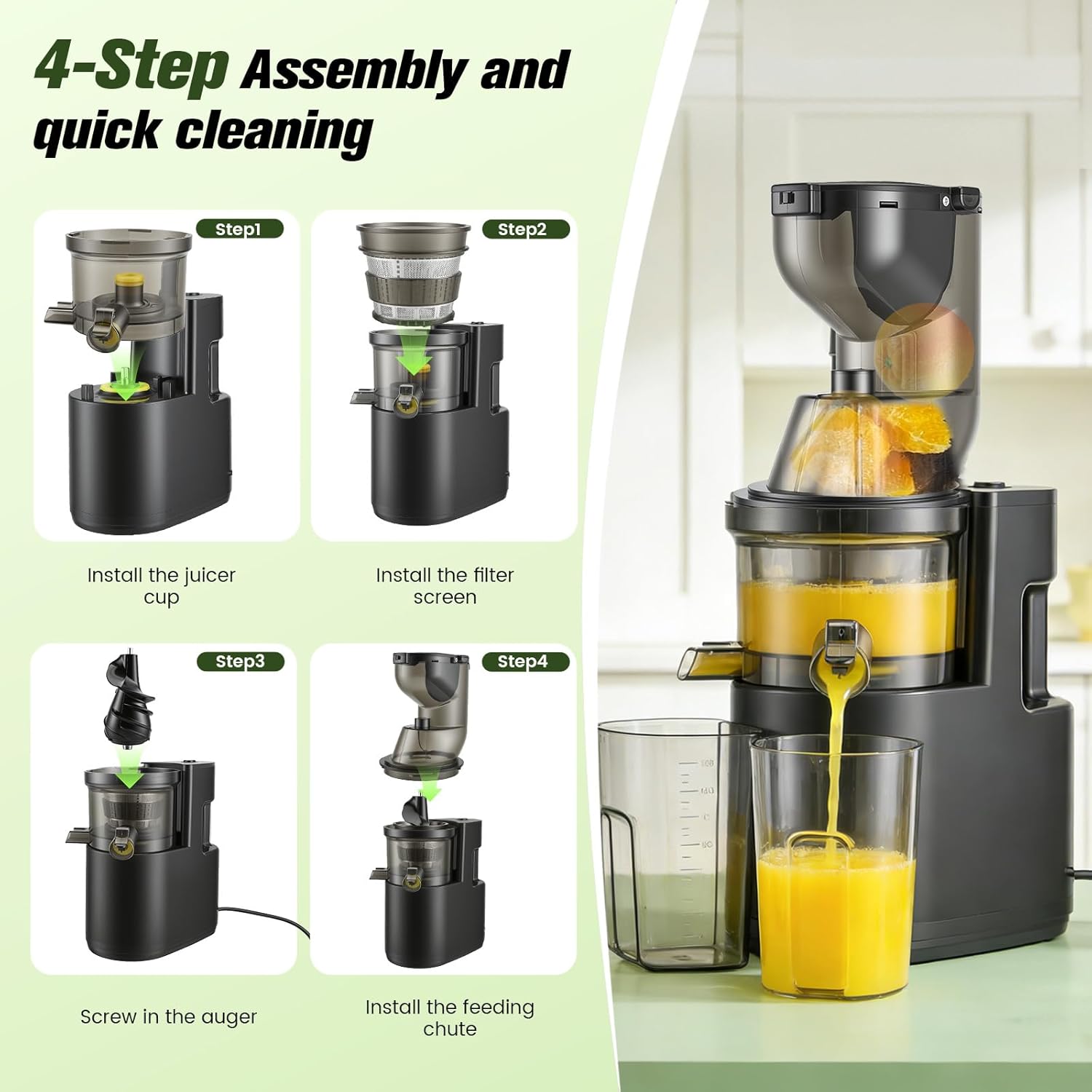 Slow Juicer 500 W, elektrischer Entsafter mit 125 mm breitem Einfüllrohr, Entsafter Gemüse und Obst Testsieger für ganze Früchte und Gemüse, BPA-frei, inklusive 2 Behältern, Pinsel und Saftrezepten – Bild 7