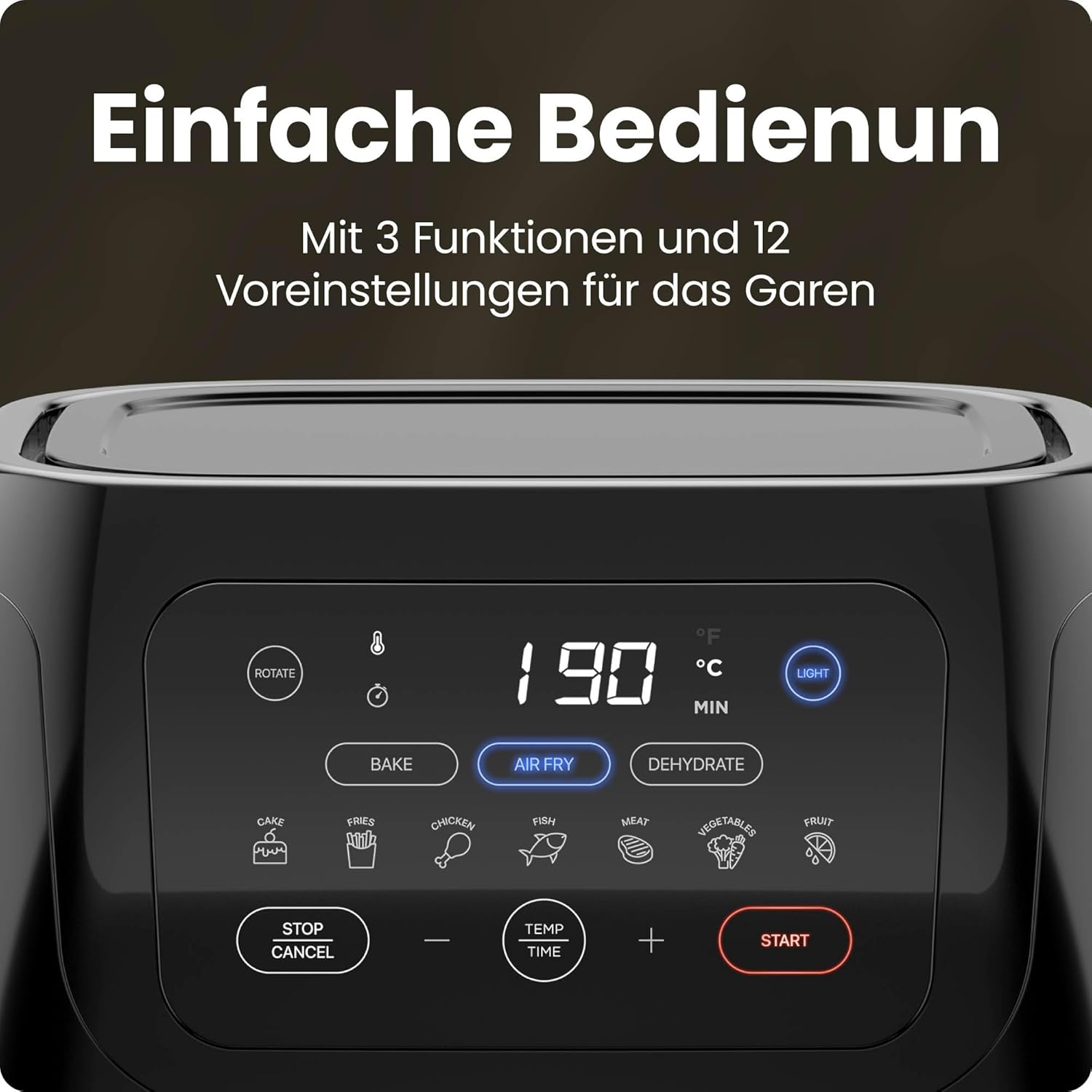 Chefman Multifunktionale digitale Heißluftfritteuse + Drehspieß, Dörrgerät, Konvektion, 17 Touchscreen-Voreinstellungen, XL 10L-Familiengröße, automatische Abschaltung, großes Sichtfenster, Schwarz – Bild 5