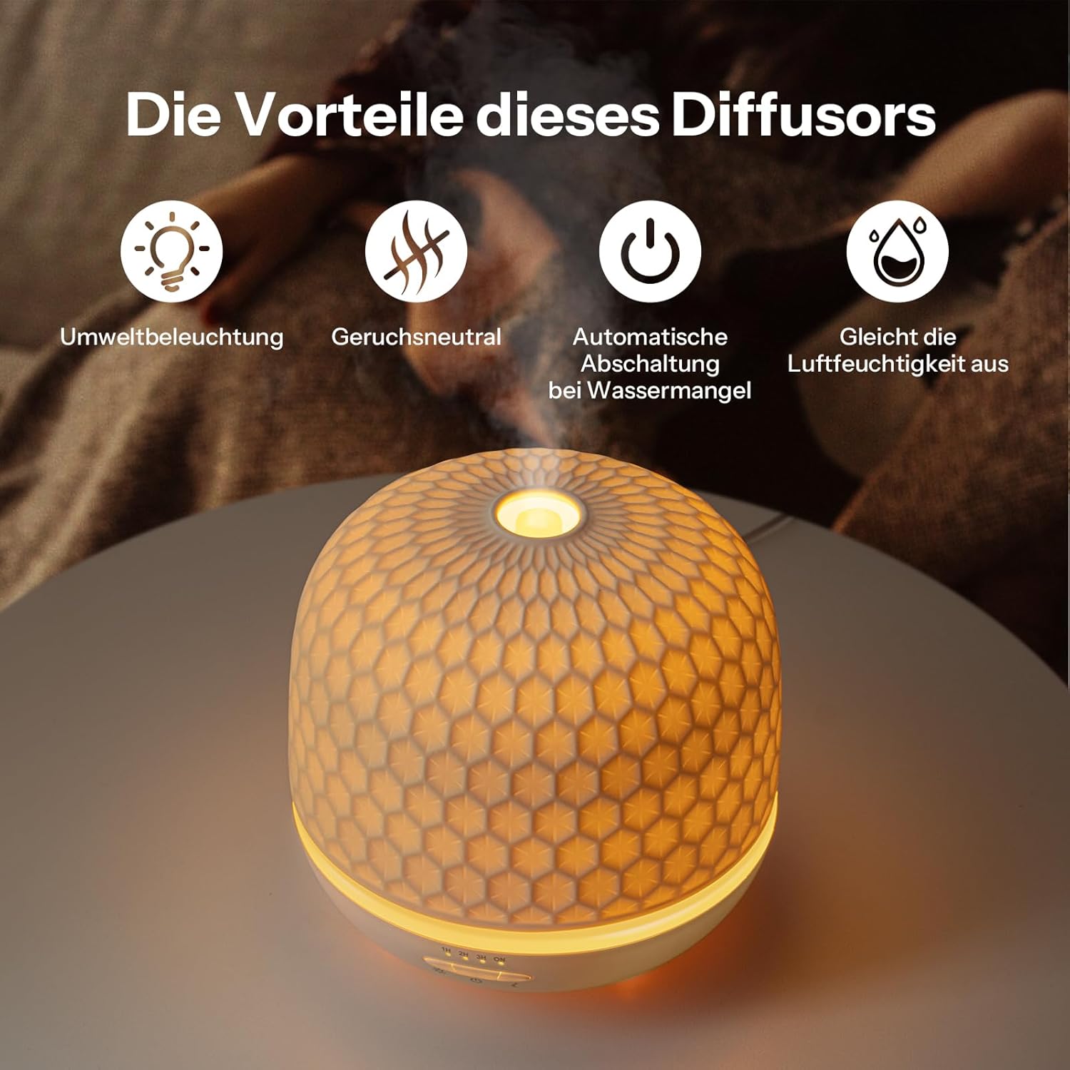 Aroma-Diffusor – 500 ml Keramik-Premium-Ultraschall-Luftbefeuchter-Diffusor für ätherische Öle, Timer-Einstellung und orangefarbenes Nachtlicht, BPA-freier Diffusor für Schlafzimmer, Wohnzimmer, Büro, Yoga (Textur) – Bild 4