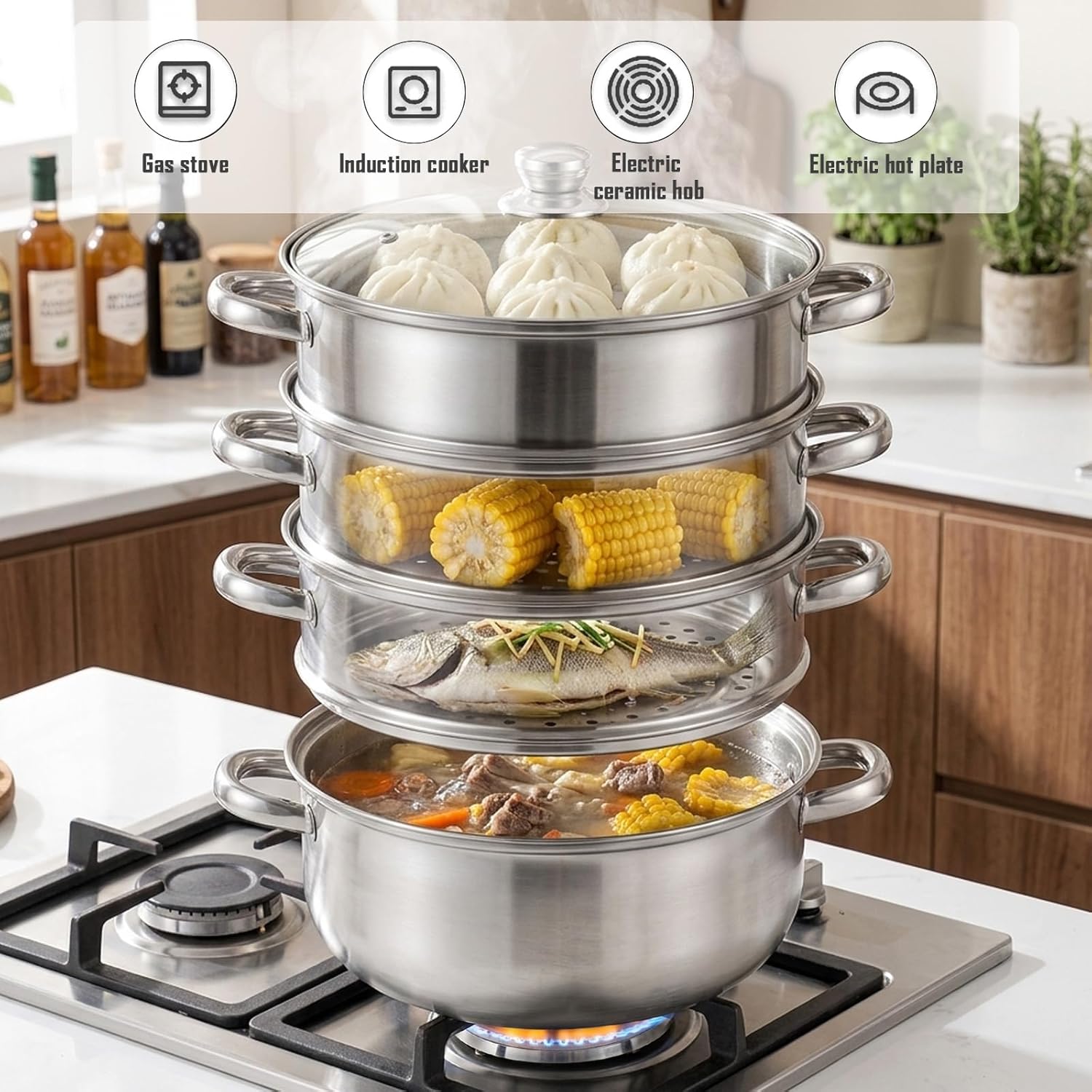 Dampfgarer Topf 28cm – 4-stufiger Edelstahl-Dampfkocher mit Glasdeckel – Für Suppe, Gemüse, Nudeln & Meeresfrüchte – Induktionsgeeignet & Spülmaschinenfest – Bild 4