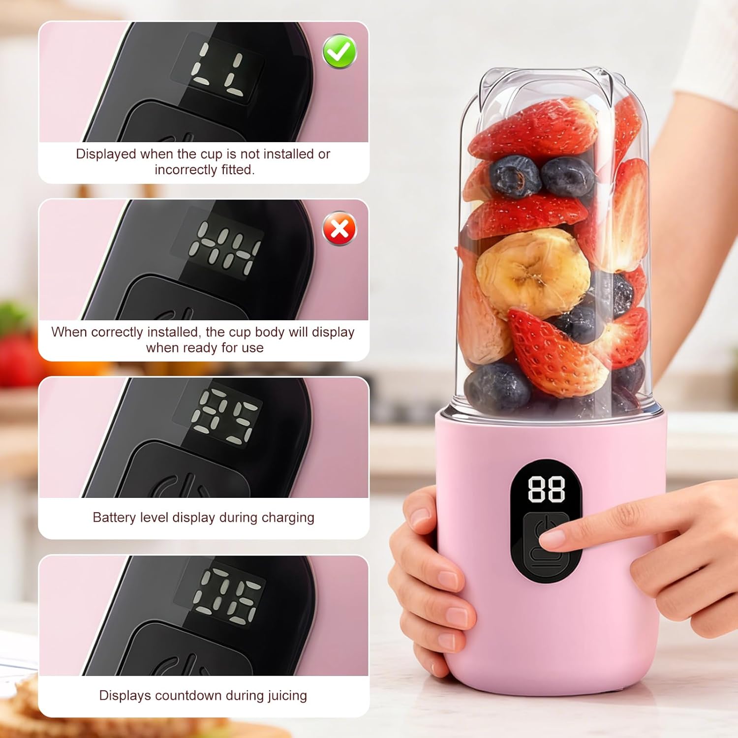500 ml tragbarer Mixer, Smoothie Maker to Go mit Digitalanzeige, 16 Blatt elektrischer USB-Entsafter, Mini-Mixer für Shakes und Smoothies, für Küche, Reisen, Fitnessstudio, Pink – Bild 5