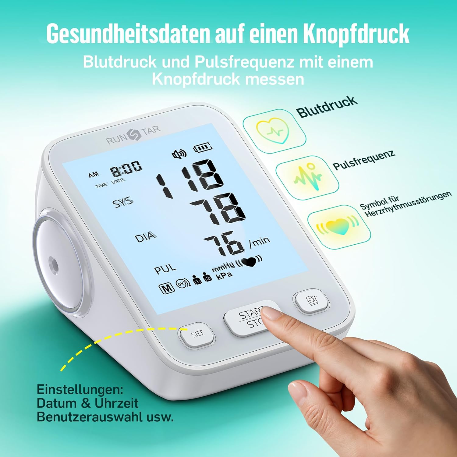 RunStar Oberarm-Blutdruckmessgerät mit breiter Manschette (22 cm – 42 cm) für den Heimgebrauch, automatisches digitales Blutdruckmessgerät mit Aufbewahrungstasche, 2 x 99 Messwertspeicher, grau – Bild 2