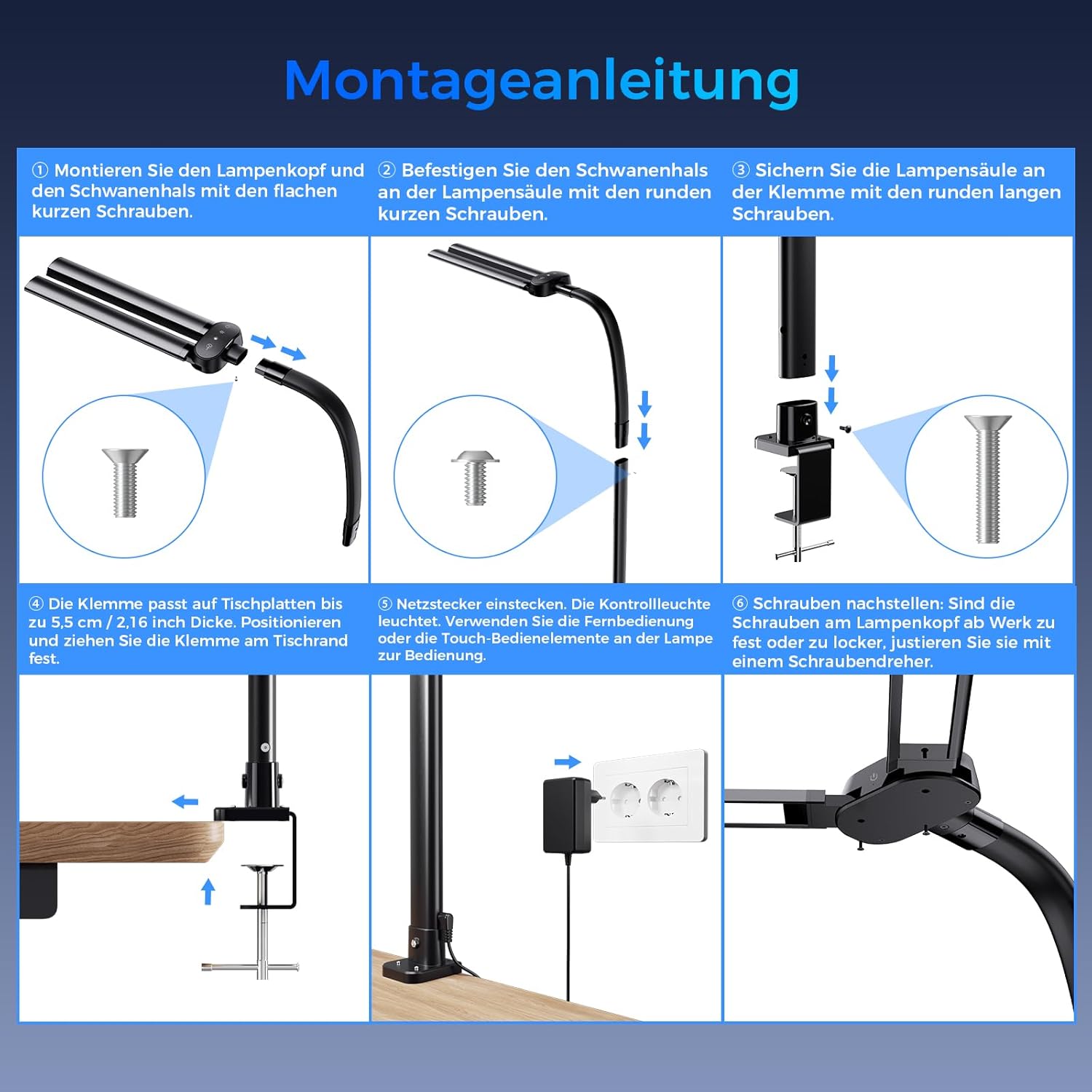 Schreibtischlampe LED Dimmbar - 1400LM 24W Doppelkopf Klemmbar Büroschreibtischlampe mit Fernbedienung, 80CM Schwanenhals Schreibtisch Lampe Tageslichtlampe mit Ladefunktion, Schwarz T01 – Bild 8