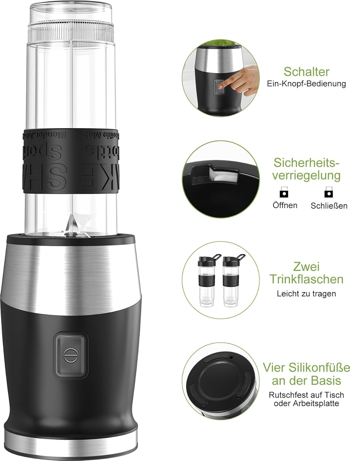 Mixer, 500 W Smoothie Maker, Standmixer & Mixer Smoothie Maker mit 2 x 570 ml Smoothie-Flaschen, BPA-freies Tritan, tragbarer Mixer aus Edelstahl, 4 Klingen für Shake und Smoothie – Bild 8