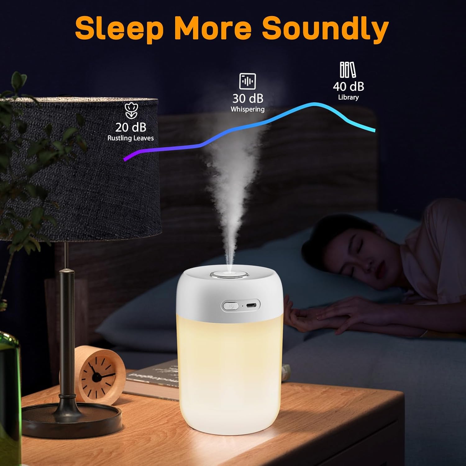 kissleaf 650 ml Mini-Luftbefeuchter für Schlafzimmer/Kinderzimmer/Pflanzen, 8H lange Laufzeit, 28 dB lautloser Luftbefeuchter, Typ-C-Akku, elektrischer Raumbefeuchter (warmes Licht) – Bild 2