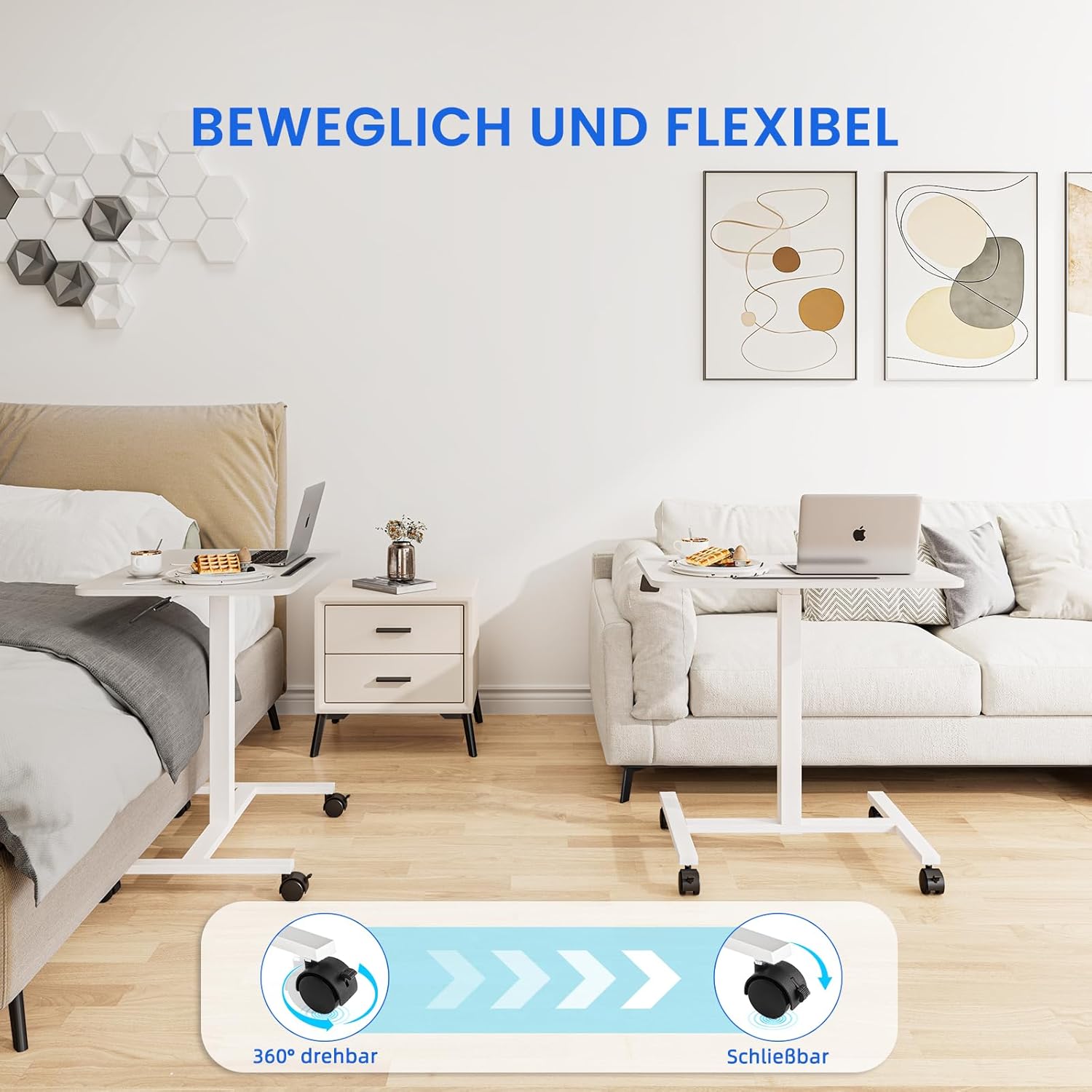 Dripex Computertisch höhenverstellbar mit Rollen, Aussparung für Tablet oder Handy, Stehsitz, PC-Tisch, kleiner Schreibtisch, mobiler Stehschreibtisch, Pflegetisch, Beistelltisch, weiß – Bild 7