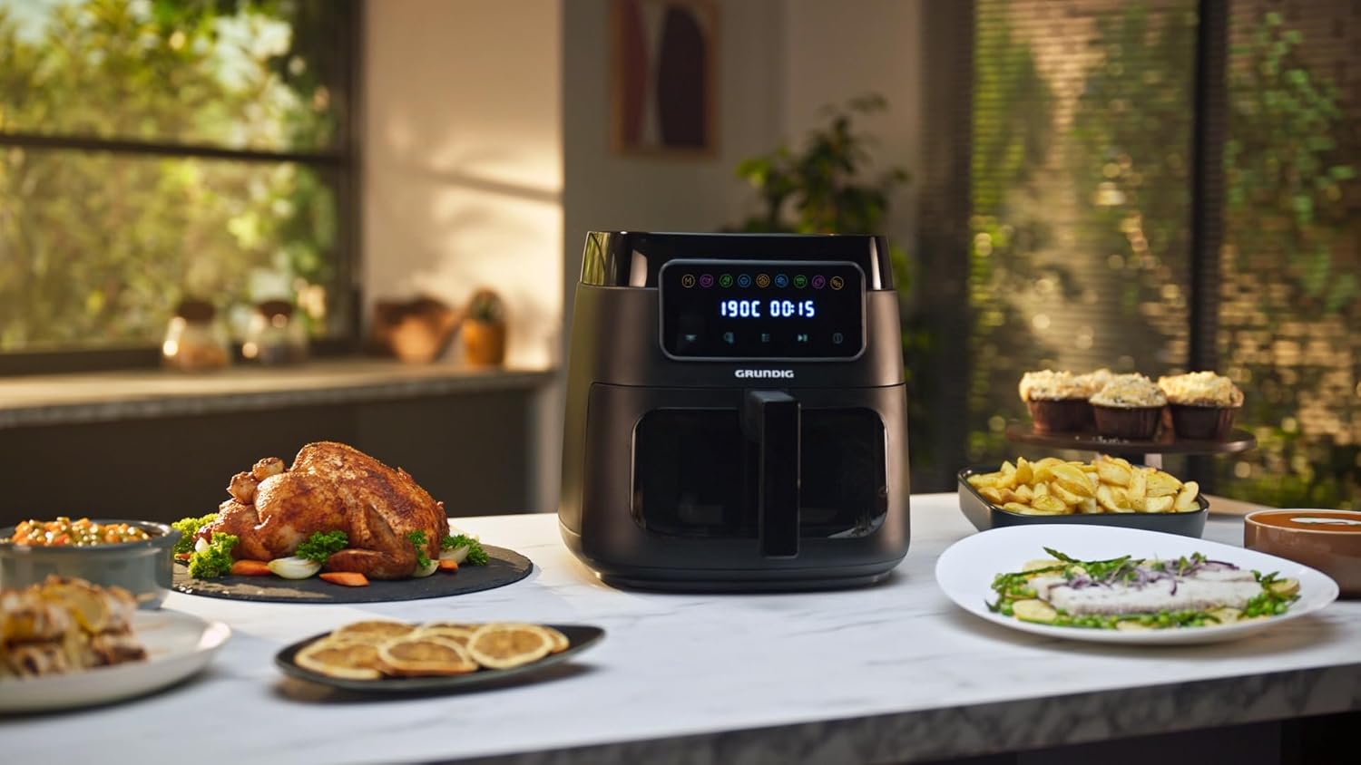 Grundig FRY 7320 Heißluftfritteuse, 7,6 l Fassungsvermögen, 1750 W, Touch-Display, großes Sichtfenster, Temperatur- und Zeiteinstellung, Antihaftbeschichtung, spülmaschinenfester Korb, Schwarz – Bild 5