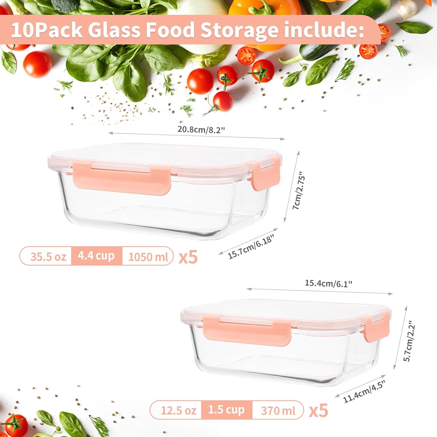 S SALIENT Frischhaltedosen-Set aus Glas, Lunchboxen, Meal-Prep-Boxen, mitgebrachte Lebensmittel, Glasbehälter mit Deckel, Aufbewahrungsbox, spülmaschinenfest, mikrowellen- und gefriergeeignet (5 x 1050 ml + 5 x 370 ml) – Bild 2
