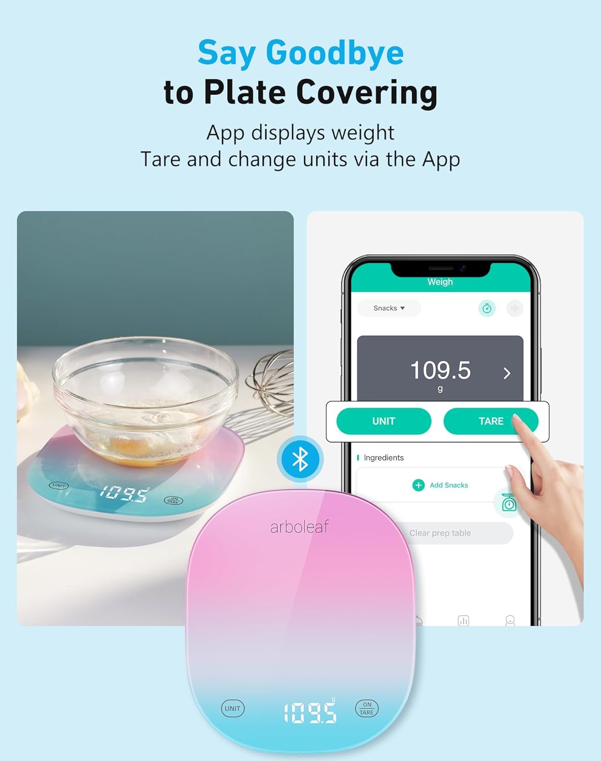 arboleaf Küchenwaage mit App 10 kg, digitale Küchenwaage mit Kalorienzähler, Waage Küchenwaage USB wiederaufladbar mit Bluetooth und LED-Anzeige, Lebensmittelwaage 0,5 g Genauigkeit aus gehärtetem Glas (bunt) – Bild 3