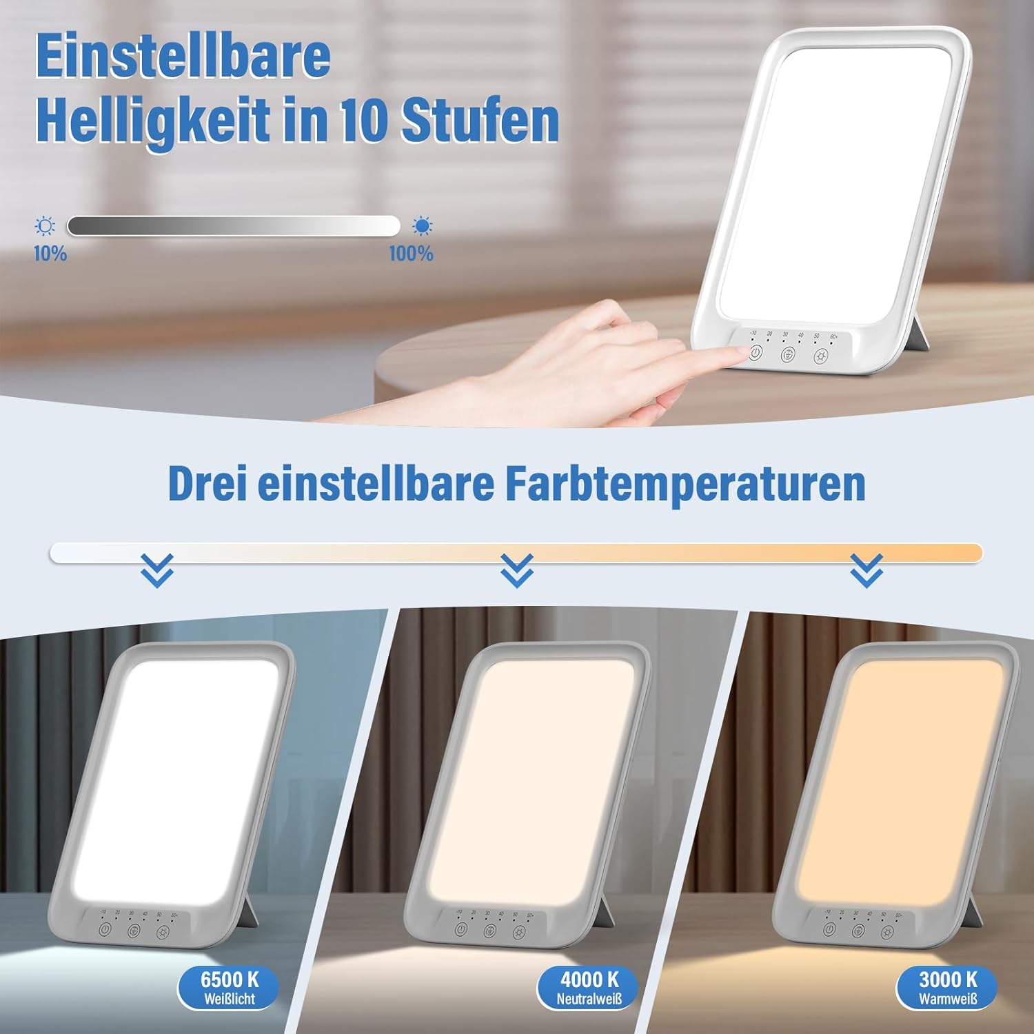NIKYJM Tageslichtlampe 20000 Lux Lichttherapielampe mit 3 Farbtemperaturen, 10 Helligkeitsstufen und 6 Timern, UV-freie LED-Lichttherapielampe Tageslicht, Touch Control Sonnenlichtlampe – Bild 2