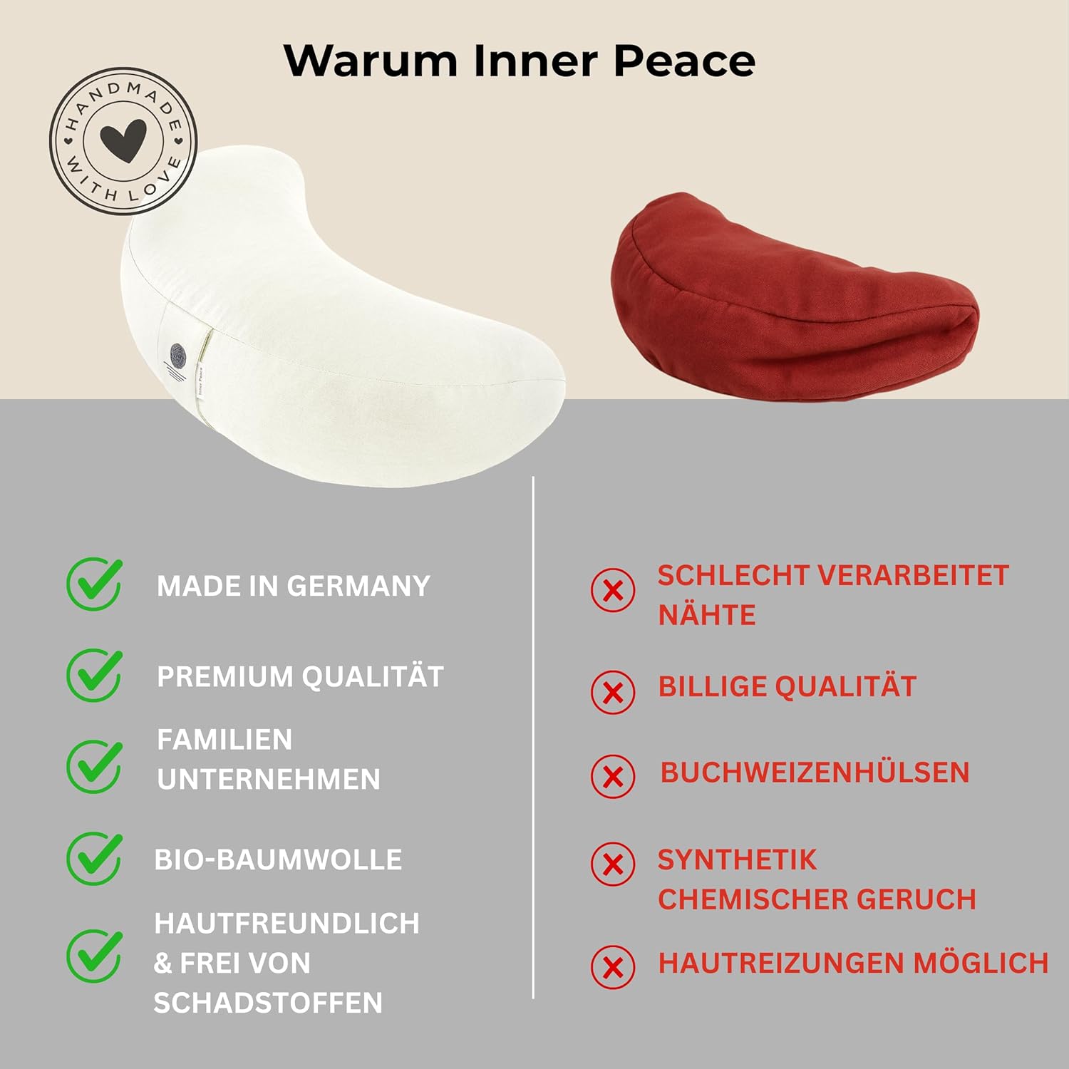 Inner Peace Halbmond-Yogakissen, Meditationskissen, hochwertiger Bezug aus 100 % Baumwolle, Yogakissen, Halbmondform mit Bio-Dinkelspelz, Halbmondkissen (natürlich) – Bild 3