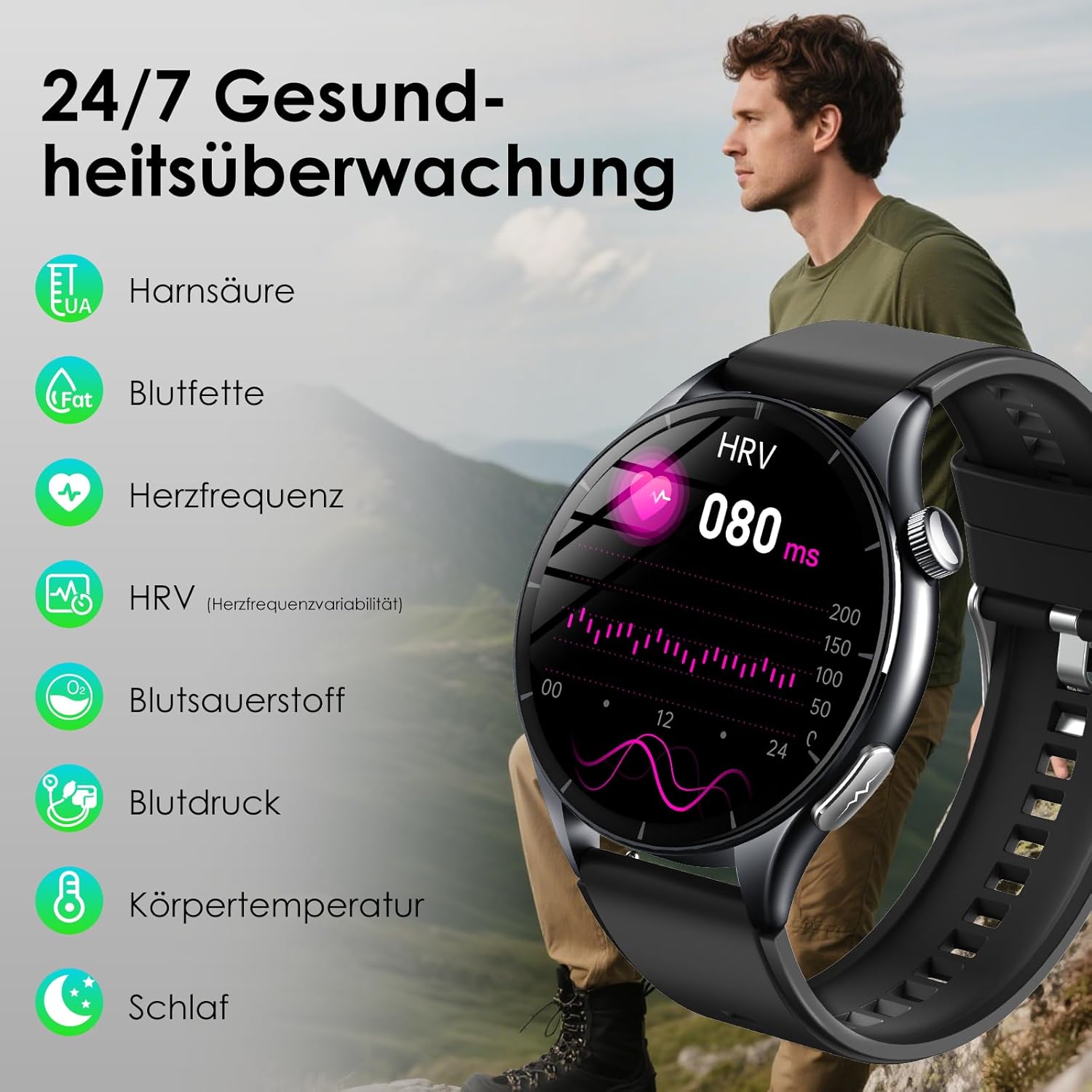 2026 Neue Smartwatch Herren mit EKG/ΒΙυtzυcker/ΒΙutdruck/BMI/HRV/Harnsäure/LED-Licht, 1,56" AMOLED Rund Gesundheitsuhr mit SpO2/Pulsuhr, Schlaf/αρnoe-Monitor, SOS-Notruf Fitnessuhr für iOS Android – Bild 5