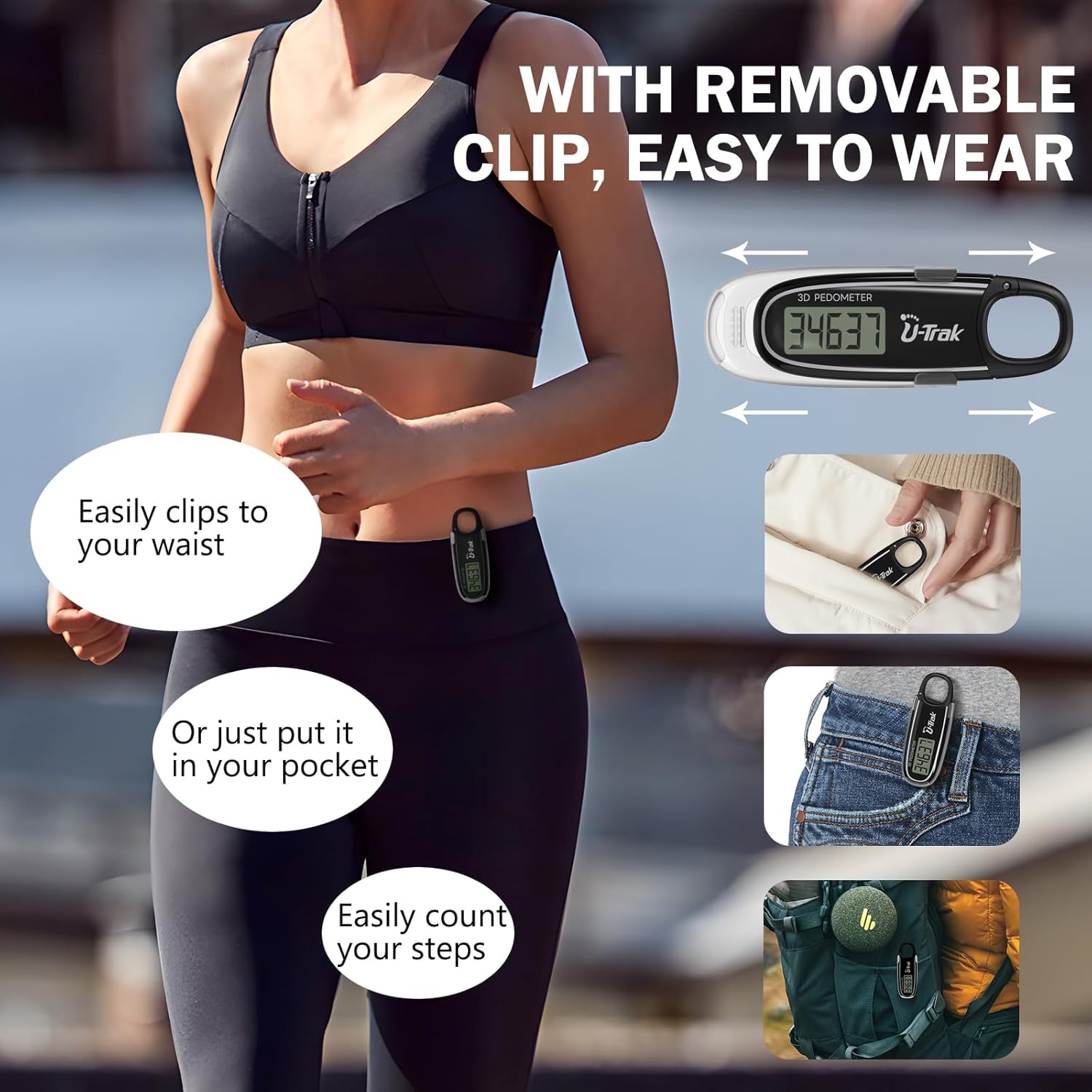 3D-Schrittzähler zum Gehen mit abnehmbarem Clip und Karabiner, einfacher Schrittzähler zum Gehen, präziser Clip-on-Schritt-Tracker für Männer, Frauen, Kinder – Bild 6