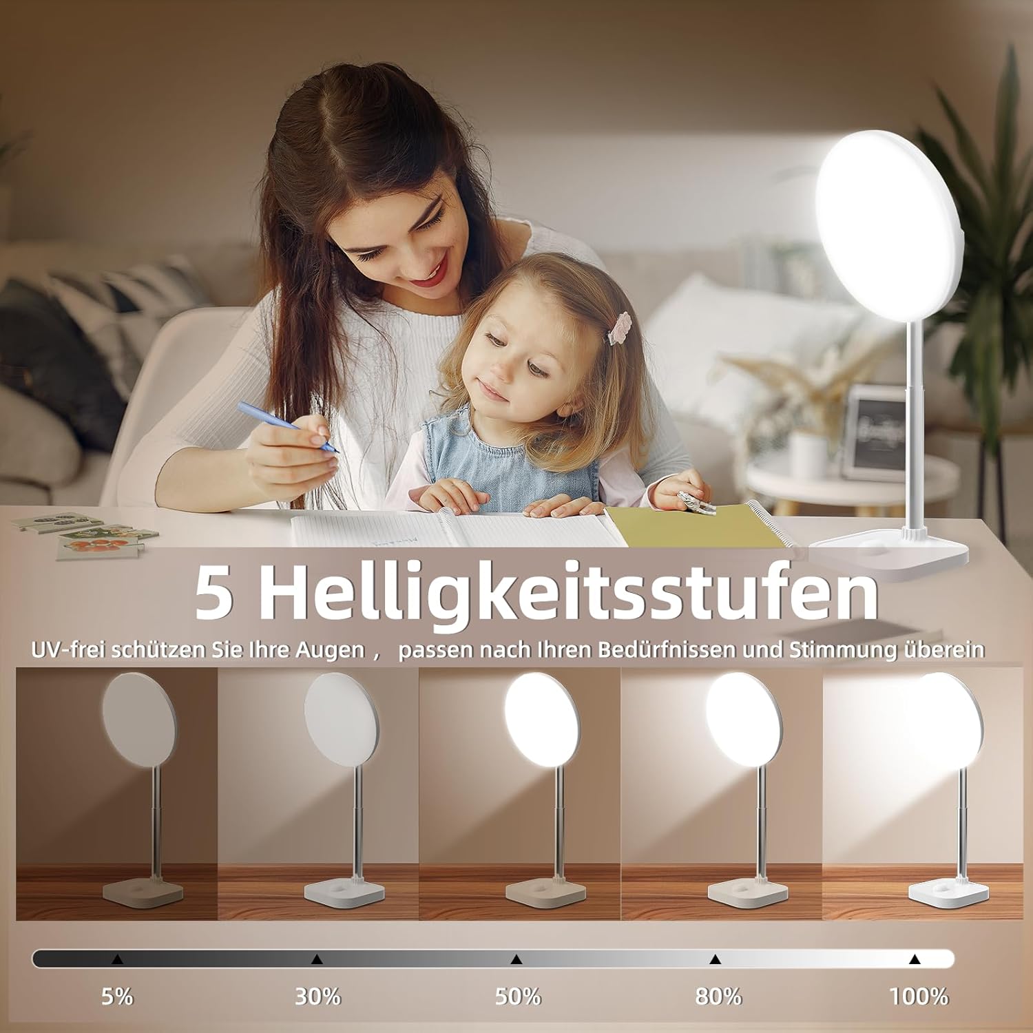 Tageslichtlampe 15000 Lux Lichttherapielampe, Tageslichtlampe Schreibtisch mit 3 Farbtemperaturen und 5 Helligkeitsstufen, USB-A-Anschlüssen, Dimmer und Timer, einstellbarer Winkel und Höhe für Lesen/Büro/Zuhause – Bild 4