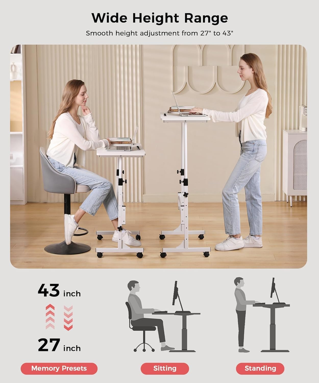 KLSMYHOKI Höhenverstellbarer Schreibtisch mit Rollen, Steh-Sitztisch für das Heimbüro, mobiler Computertisch, weißer Stehschreibtisch, kompatibel mit Laufband und Gehpad, 80 cm x 40 cm, Höhe 70–110 cm – Bild 3
