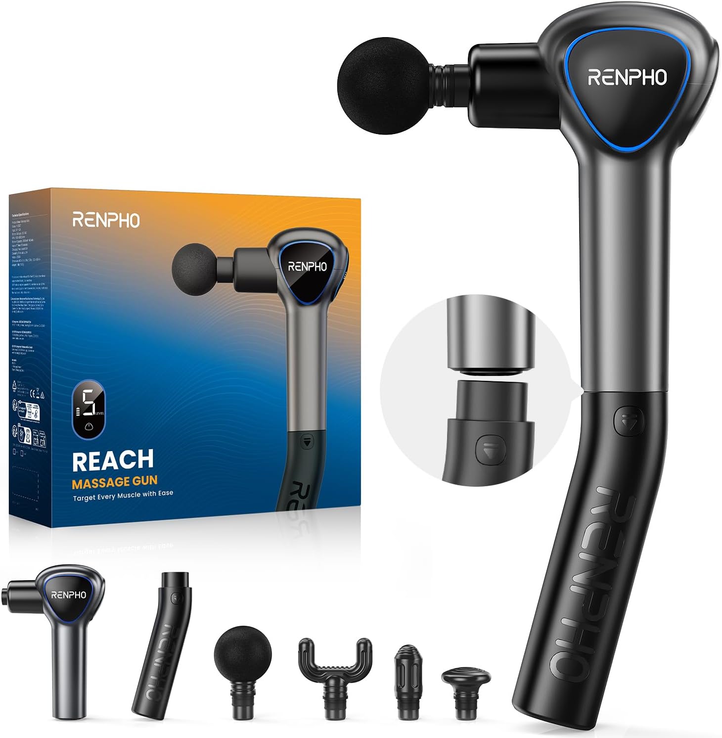 Massagepistole mit Verlängerungsgriff, RENPHO Reach Massage Gun Massagegerät, Muskel Massagepistole mit berührbarem LED-Bildschirm für Heimtraining, Ganzkörper Muskelmassage und Entspannung, Schwarz