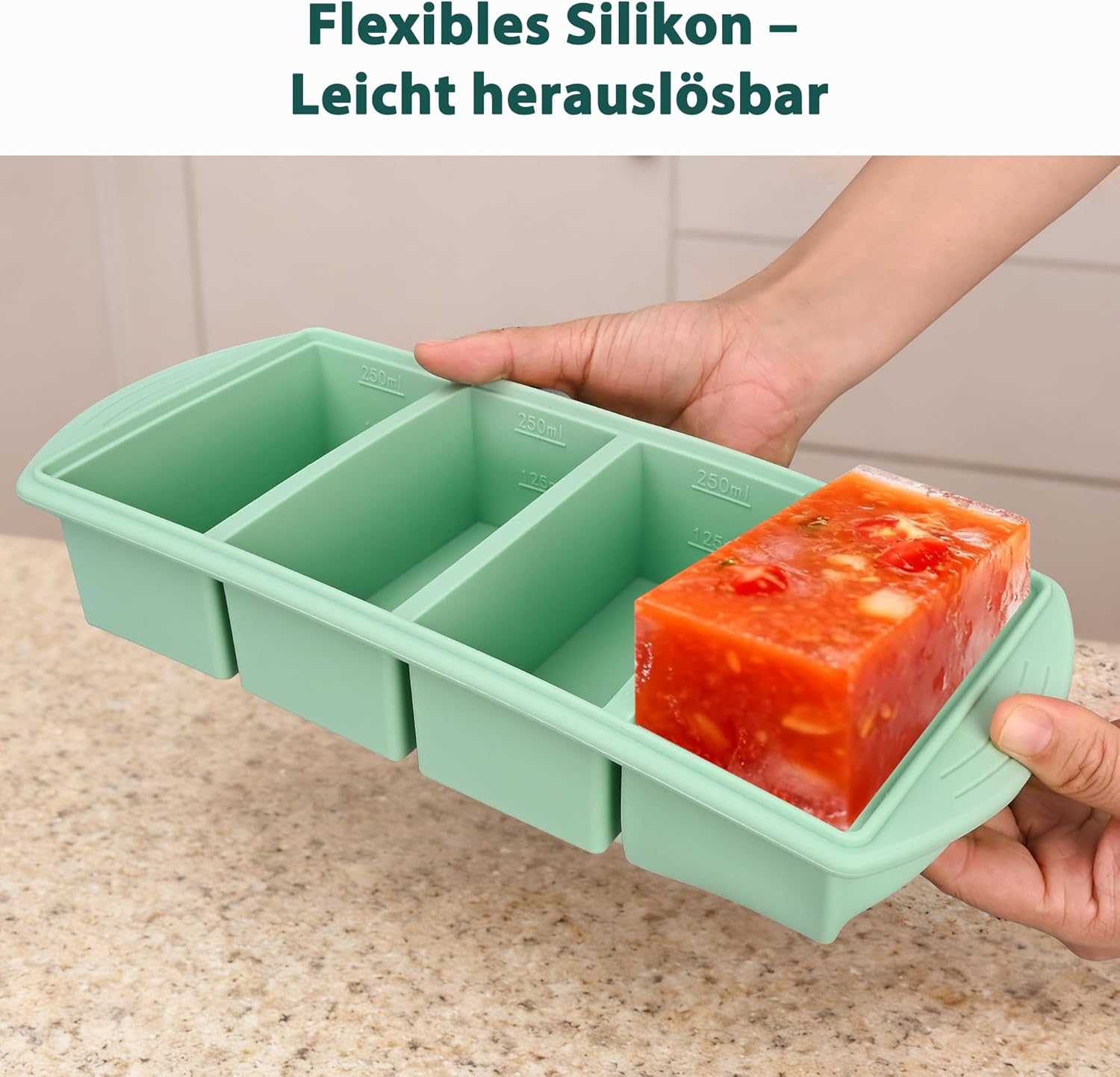 QUELIEN Souper Cube Silikon-Gefrierform mit Deckel – 1-Tassen-Schaufel für Suppe, Brühe und Aufläufe – BPA-freier stapelbarer Gefrierbehälter für die Zubereitung von Mahlzeiten in Mintgrün – Bild 6