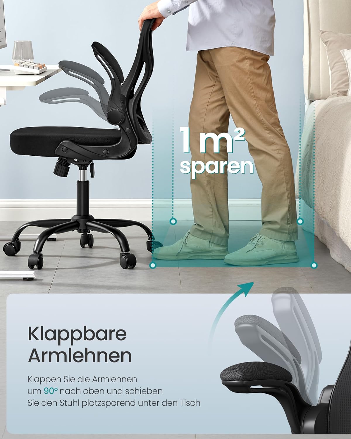 SONGMICS Bürostuhl, ergonomischer Netzdrehstuhl, Schreibtischstuhl mit Lordosenstütze, Wippfunktion, klappbare Armlehnen, für Arbeitszimmer, Schlafzimmer, Tintenschwarz OBN042BH02 – Bild 7