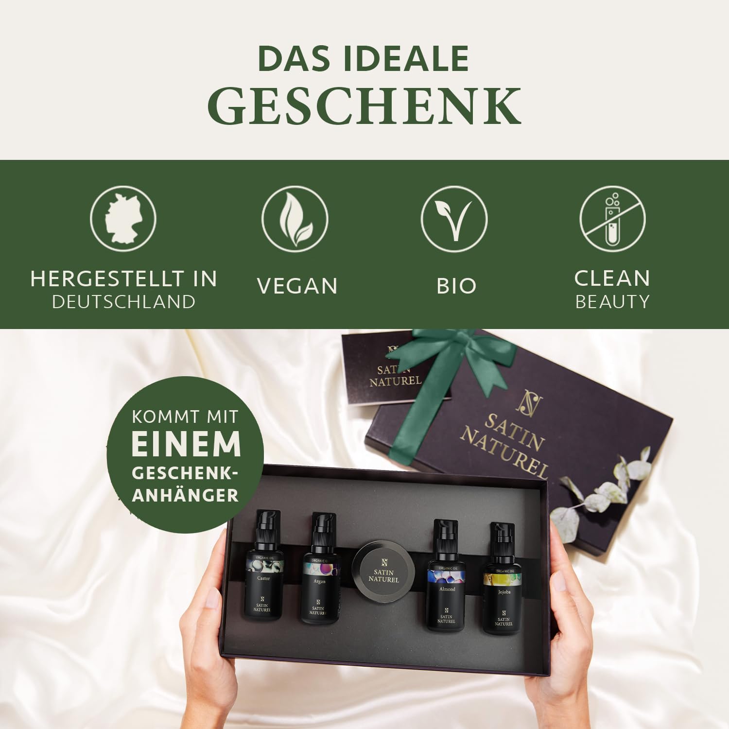 Satin Naturel Verwöhn-Geschenkset für Frauen mit Bio-Arganöl, Rizinusöl, Mandelöl, Jojobaöl und Sheabutter, Wellness-Set – Bild 2