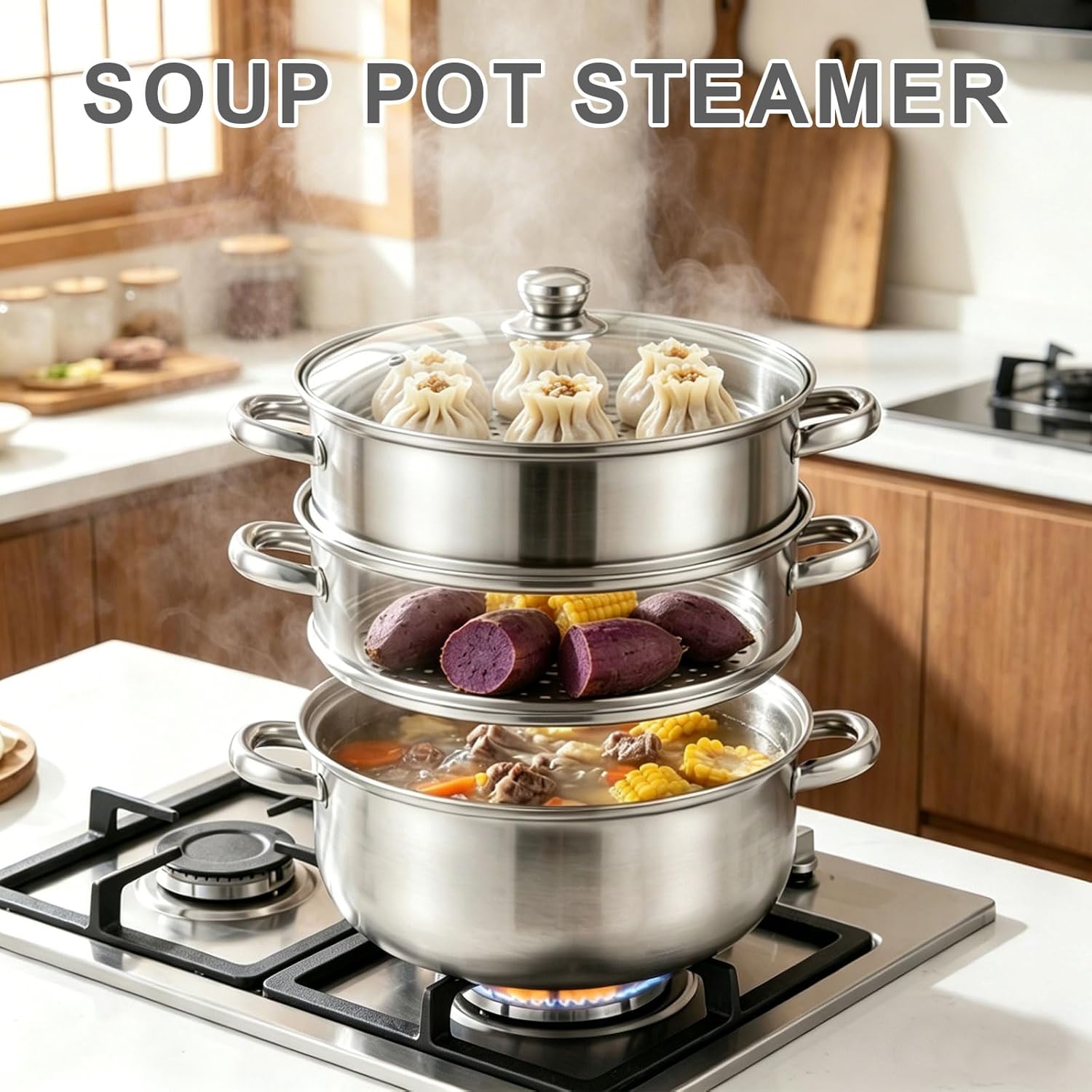 Dampfgarer 28 cm Edelstahl 3 Etagen - Dampftopf Induktion Geeignet - Dampfgarer Topf mit Dämpfeeinsatz - Großer Steamer Pot für Gemüse, Fisch & Mantowarka - Stapelbar – Bild 4