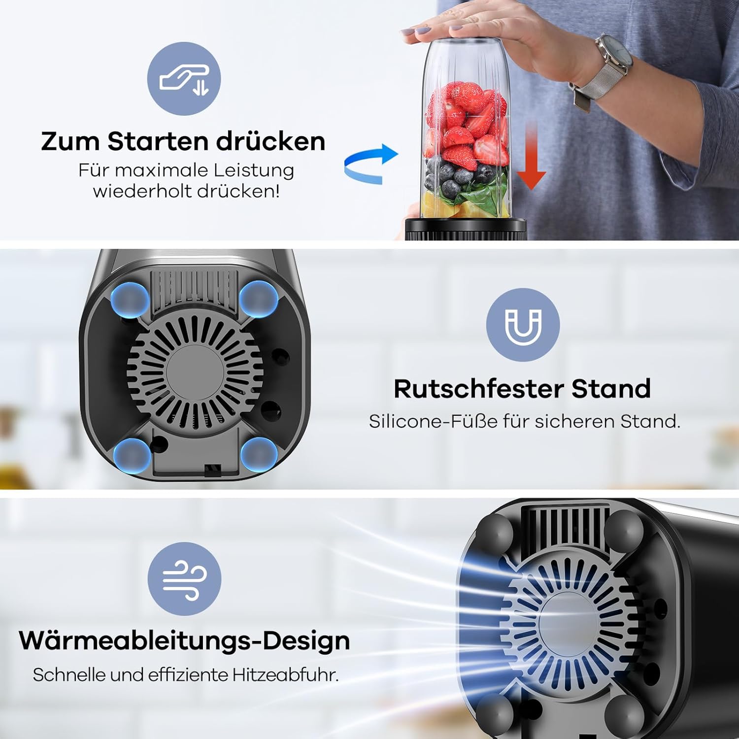 Ganiza Smoothie Maker, 900 W Mini-Standmixer, Mixer mit 25.000 U/min, 3 Tritan-To-Go-Becher (300 ml, 500 ml und 700 ml), 4 asymmetrische Klingen, für jede Art von Shake und Smoothie, Silber/Schwarz – Bild 3