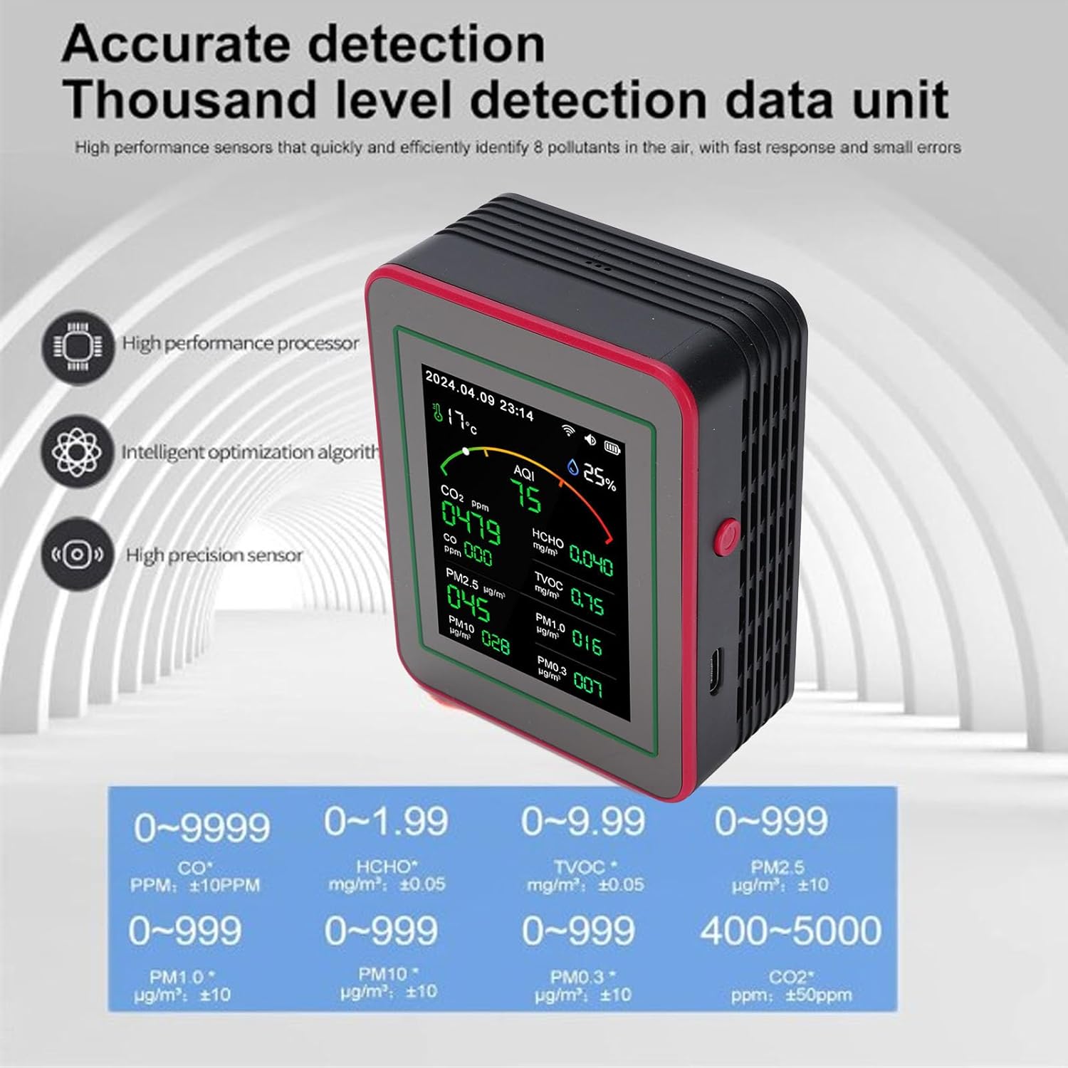 15-in-1-Luftqualitätsmonitor, tragbarer WiFi-Luftqualitätsmessgerät-Detektor mit CO2-TVOC-HCHO-PM2,5-Temperatur-Feuchtigkeitserkennung, 2,8-Zoll-LCD-Digitalanzeige für Zuhause (Schwarz + Rot) – Bild 3