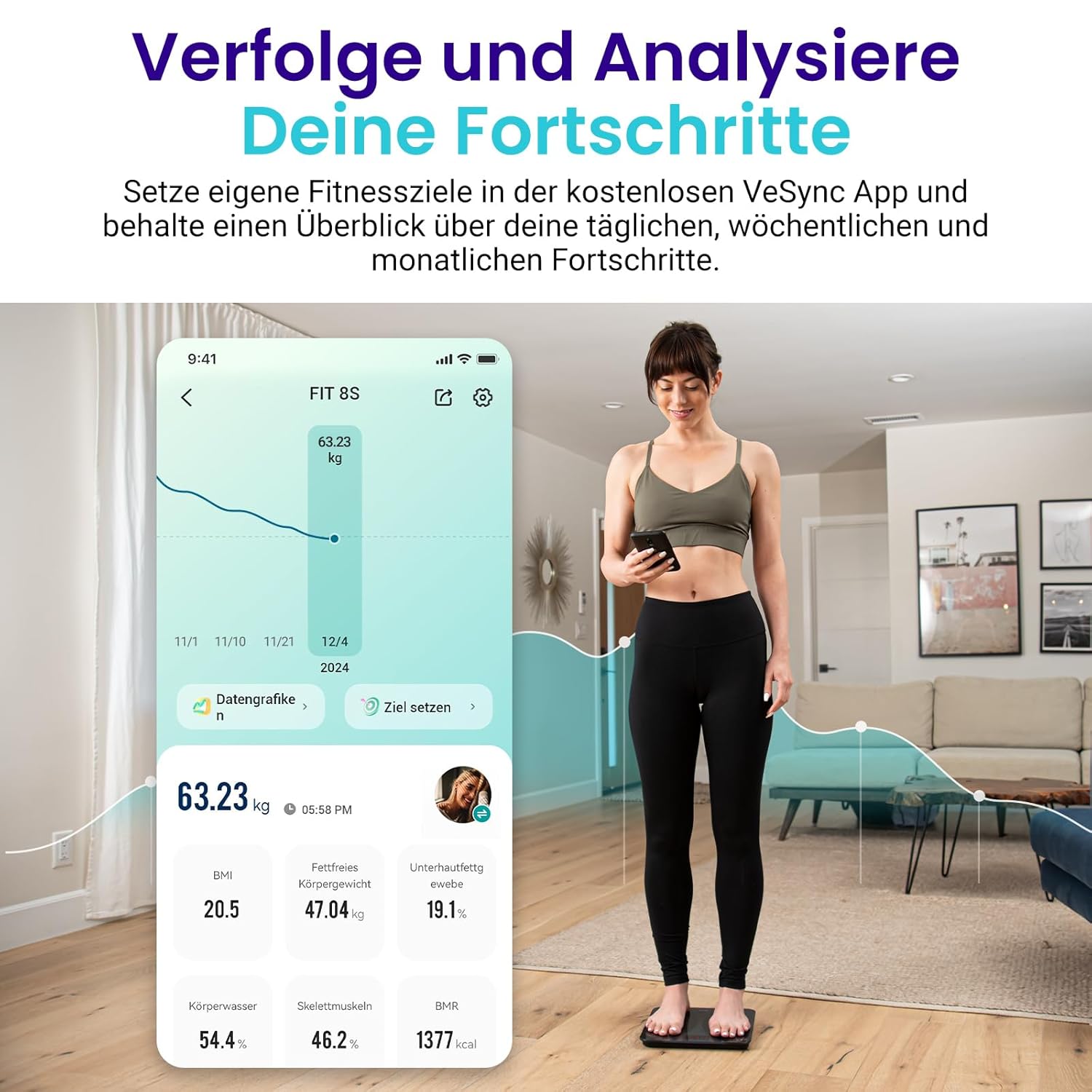 Etekcity Digitale Personenwaage mit Körperfett und Muskelmasse, 180 kg Körperfettwaage, Fitnesswaage, 13 Körperwerte, Körperfett, BMI, Muskelmasse, Protein, BMR, Schwarz – Bild 4
