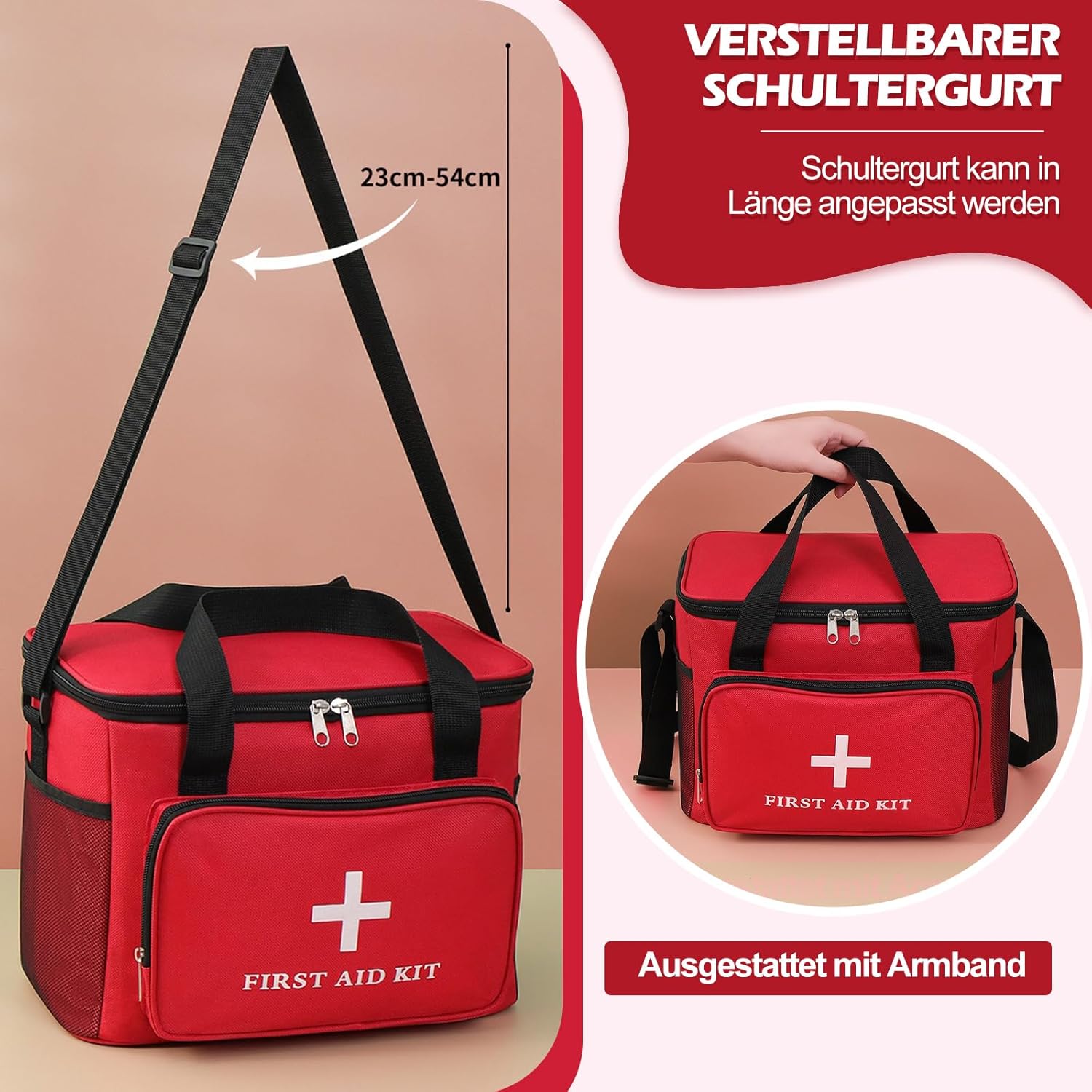 XXL-Erste-Hilfe-Tasche für Reisen – 30 x 20 x 23 cm große Medikamententasche und 17 x 13 x 5,5 Tasche, Reise-Medizintasche, leere Tasche mit Griff und Umhänge-Schultergurt, wasserdichte Medikamenten-Notfalltasche – Bild 6