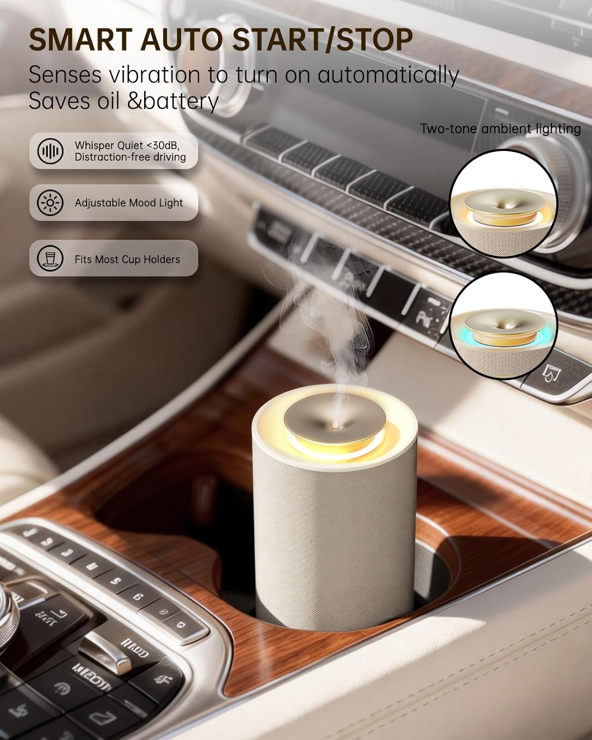 Kabelloser Aromadiffusor, wasserloser Duftdiffusor mit hochwertigem Stoffbezug für ätherische Öle mit Akku und warmem Licht, eleganter Raumduftvernebler für Wohnzimmer und Auto (Smart – Bild 3
