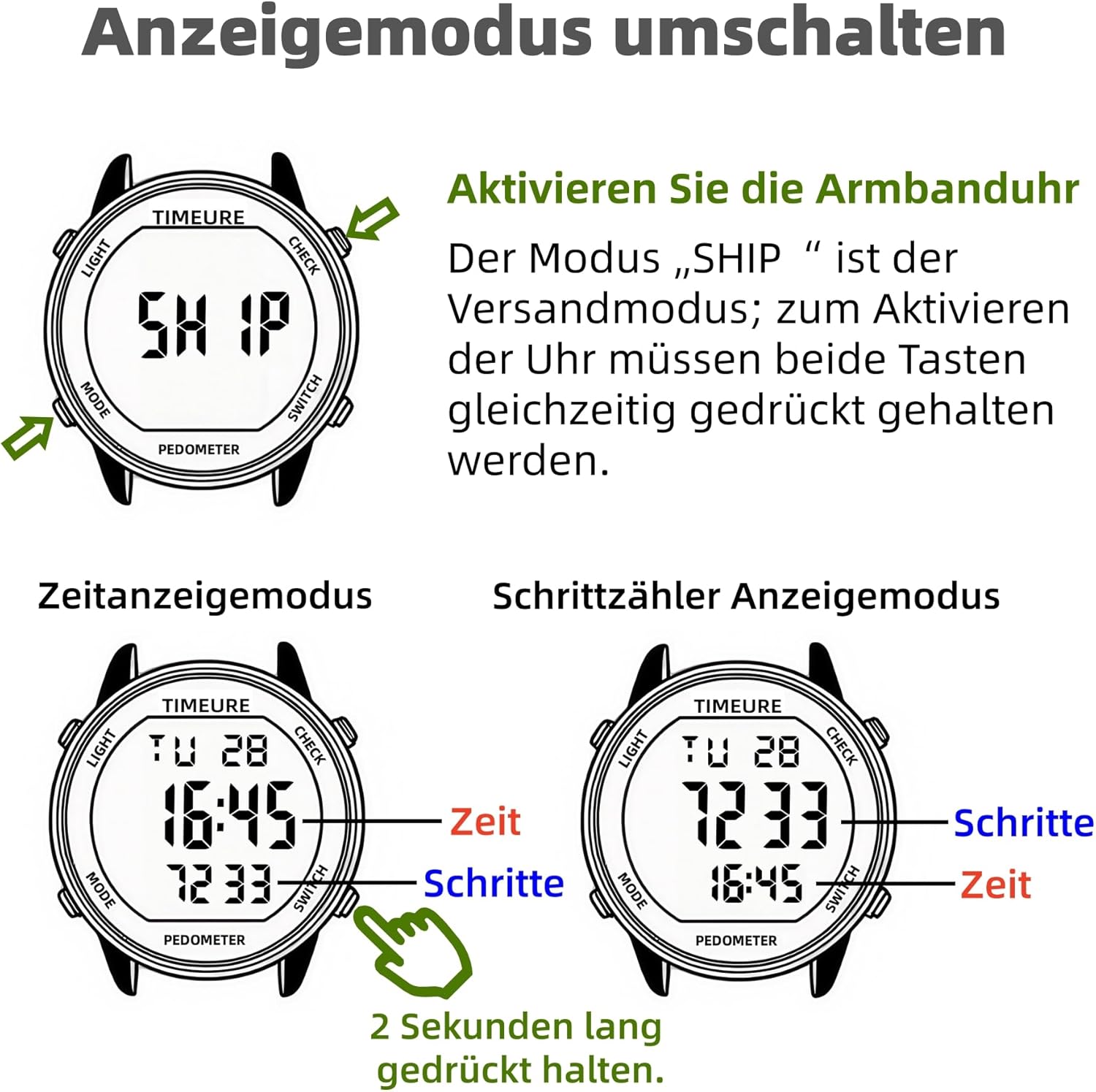 Schrittzähleruhr, modische Uhr, wasserdichte Uhr, großes digitales Display, einfacher Schrittzähler für Männer und Senioren, genauer Schrittzähler (grün) – Bild 8