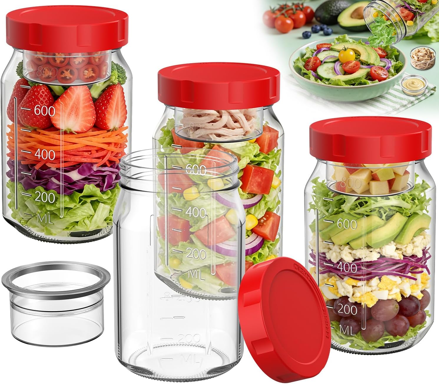 Meal-Prep-Gläser mit Deckel-Set, 4 x 950 ml Einmachgläser, auslaufsicherer/vertikal geschichteter Meal-Prep-Behälter, ideal zum Mitnehmen, Salate, Marmelade, Overnight Oats und Fertiggerichte, breit