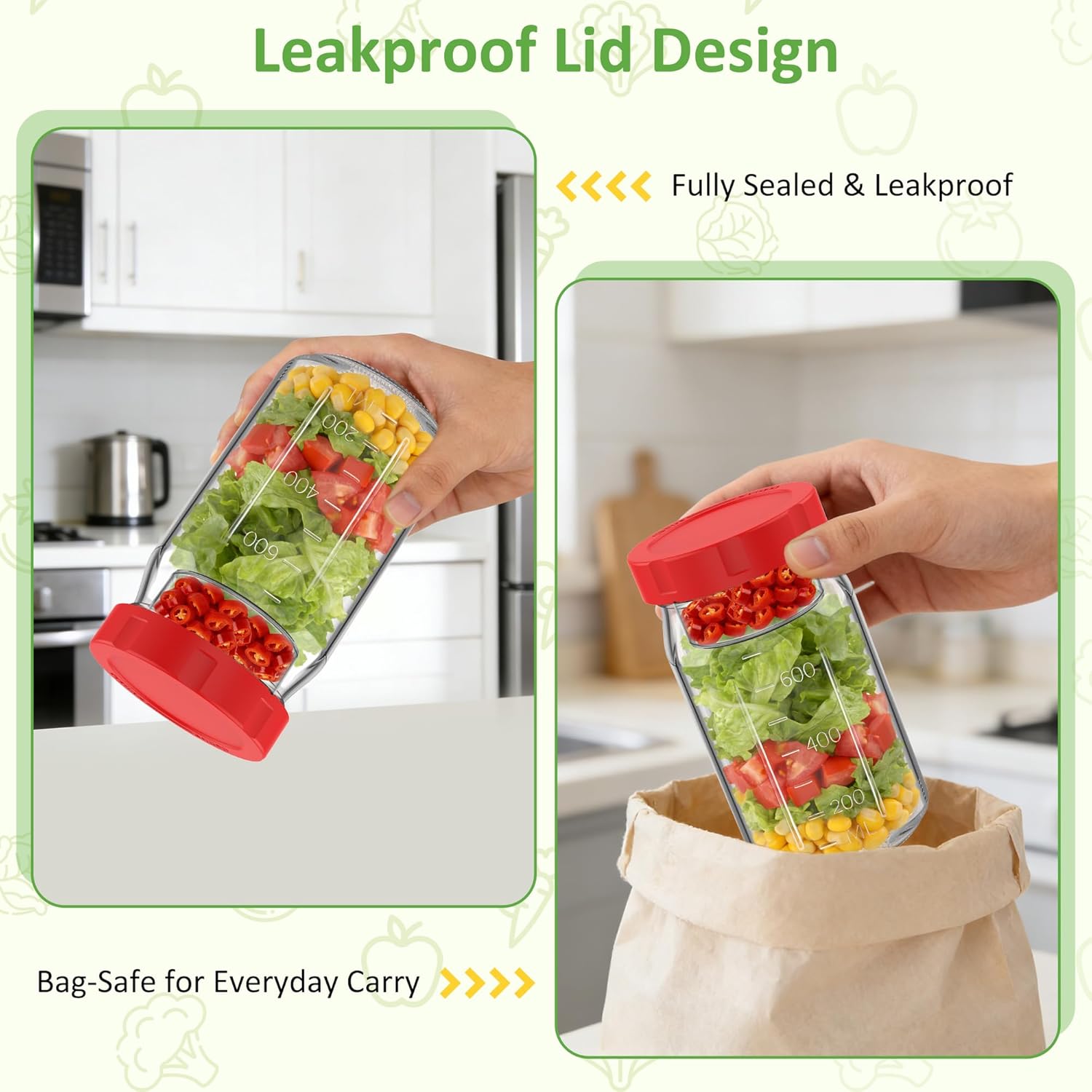 Meal-Prep-Gläser mit Deckel-Set, 4 x 950 ml Einmachgläser, auslaufsicherer/vertikal geschichteter Meal-Prep-Behälter, ideal zum Mitnehmen, Salate, Marmelade, Overnight Oats und Fertiggerichte, breit – Bild 5