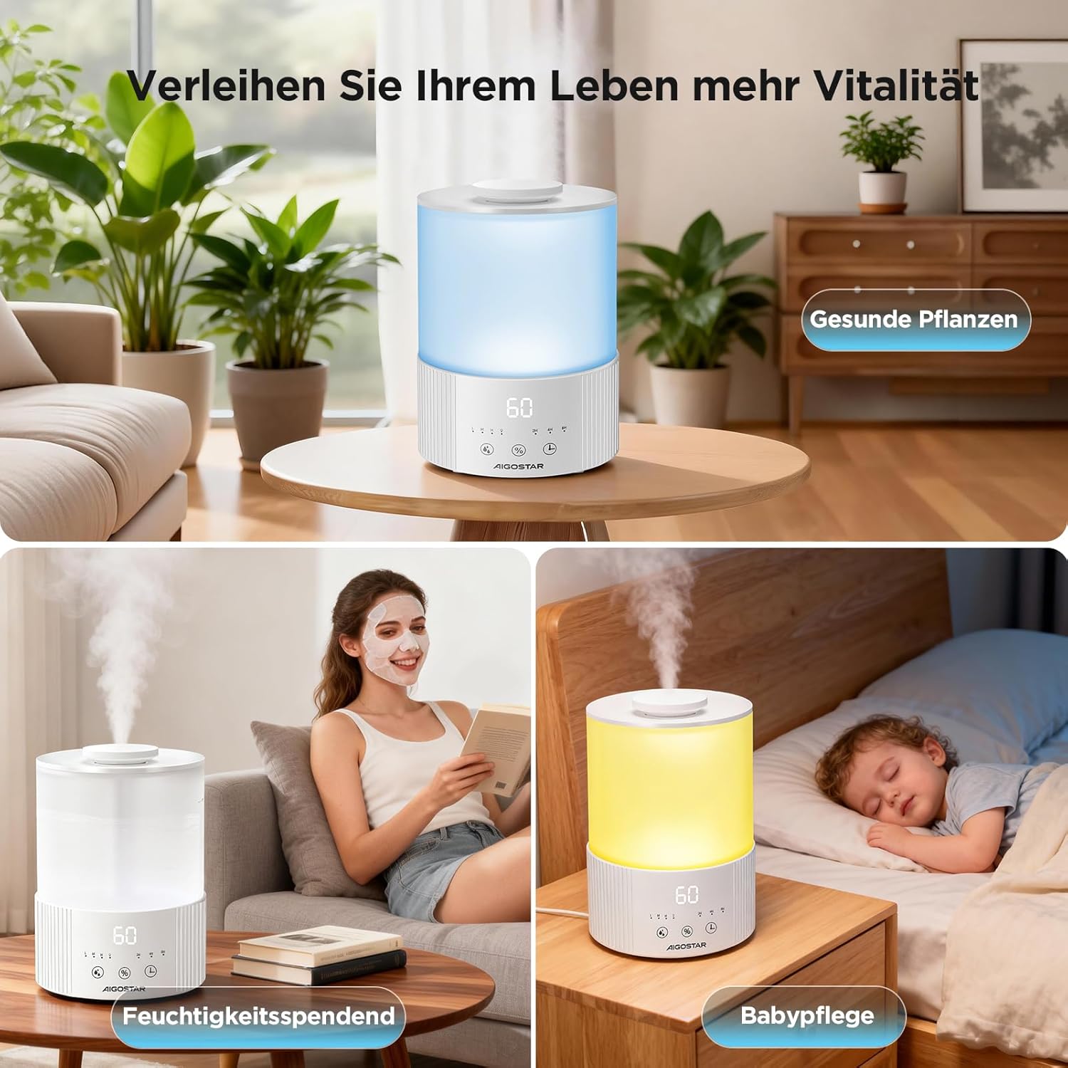 Aigostar Schlafzimmer-Luftbefeuchter mit Hygrometer – 2,5 l Ultraschall-Raumbefeuchter, 28 dB leise, Aromadiffusor für ätherische Öle, 3 Nebelstufen und Timer – für Baby, Pflanzen und Büro – Bild 9