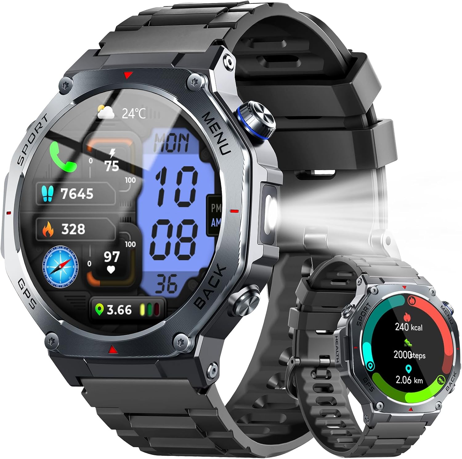 Militär-Smartwatch Herren mit GPS, 1,43 Zoll AMOLED-Display, Fitnessuhr mit Bluetooth-Anruf, 5ATM wasserdichte Sportuhr mit Herzfrequenz-/Schlafmonitor/Schrittzähler, 160+ Sportmodi, Uhr für