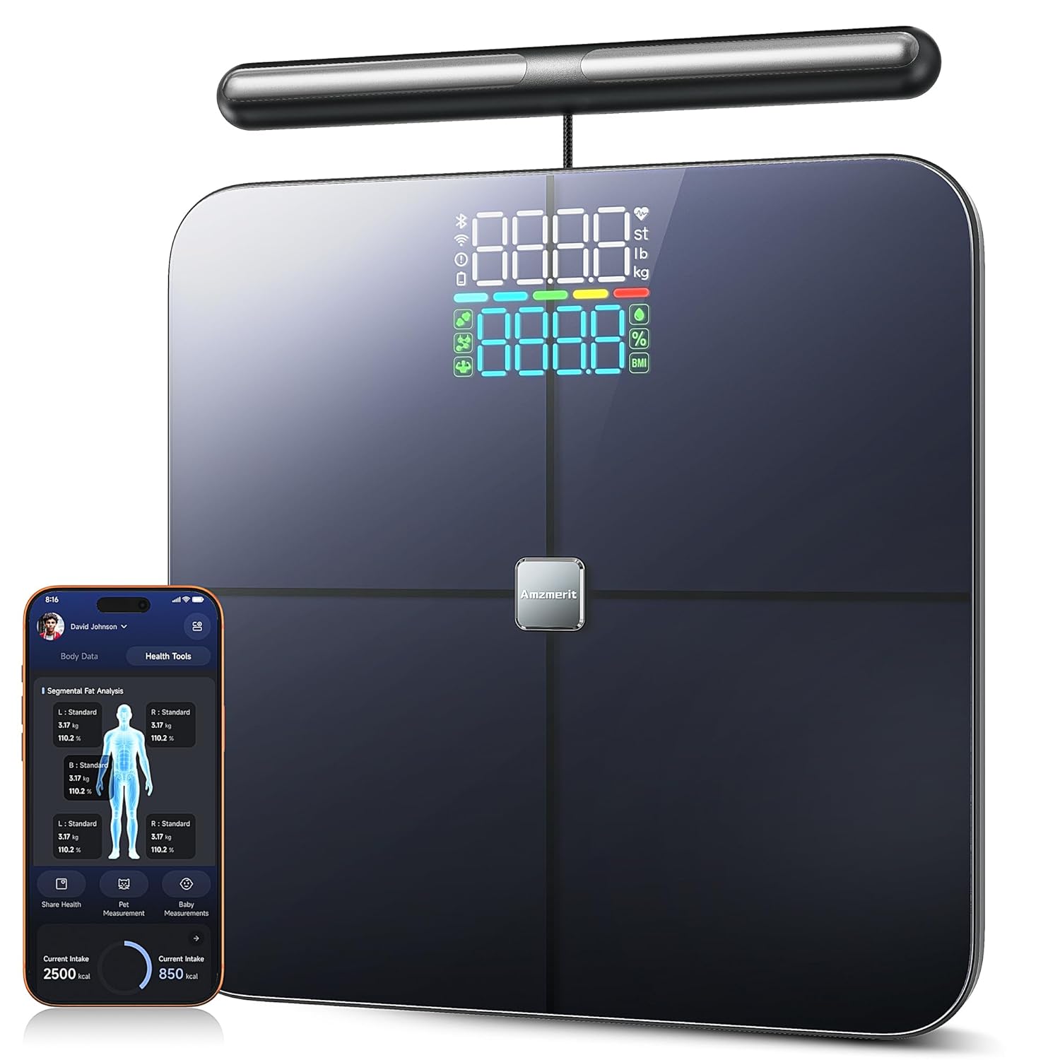 Körperfettwaage Intelligente Personenwaage mit 8 Elektroden, Digitalwaage mit Körperfett, Körperwaage Digital Bluetooth, für Protein, BMI und 28 Körperanalysewaagen (400lb)