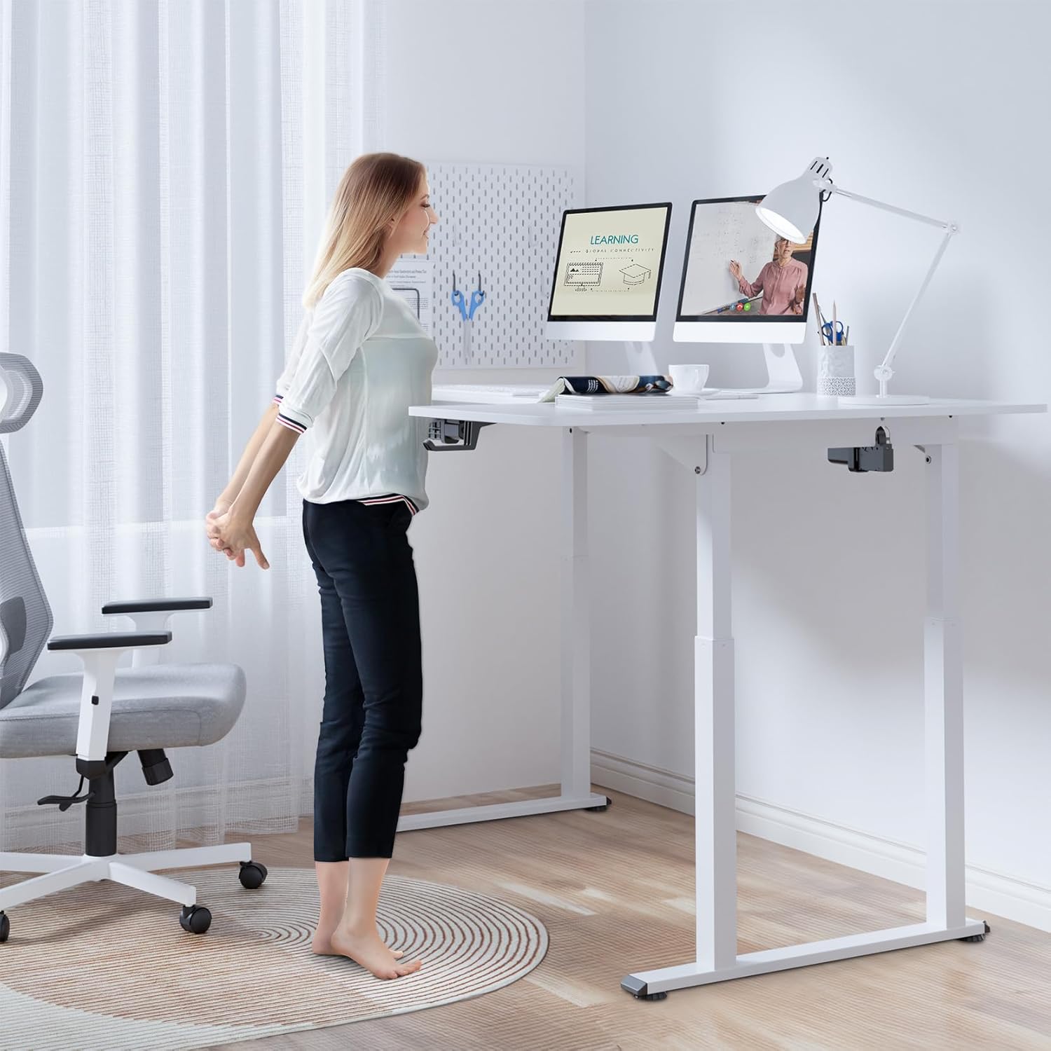 Dripex Höhenverstellbarer elektrischer Schreibtisch, 180 x 110 cm, L-förmig, höhenverstellbar mit Dual-Motor, Eckschreibtisch, Stehpult mit 4 Beinen für super Stabilität, Spleißbrett, Weiß – Bild 2
