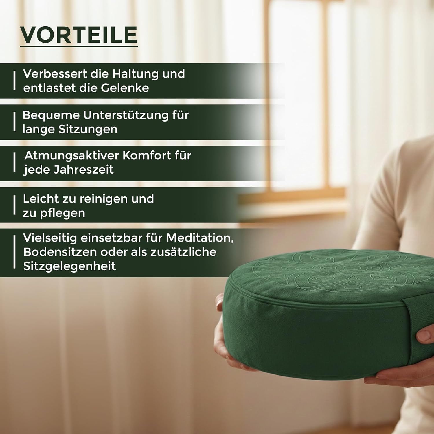 Omok Ergonomisches Yogakissen für Meditation & Entspannung, abnehmbares & waschbares rundes Sitzkissen mit Buchweizenfüllung, nachhaltiges Boden- & Sitzkissen (Dunkelgrün, 35 x 13 cm) – Bild 3