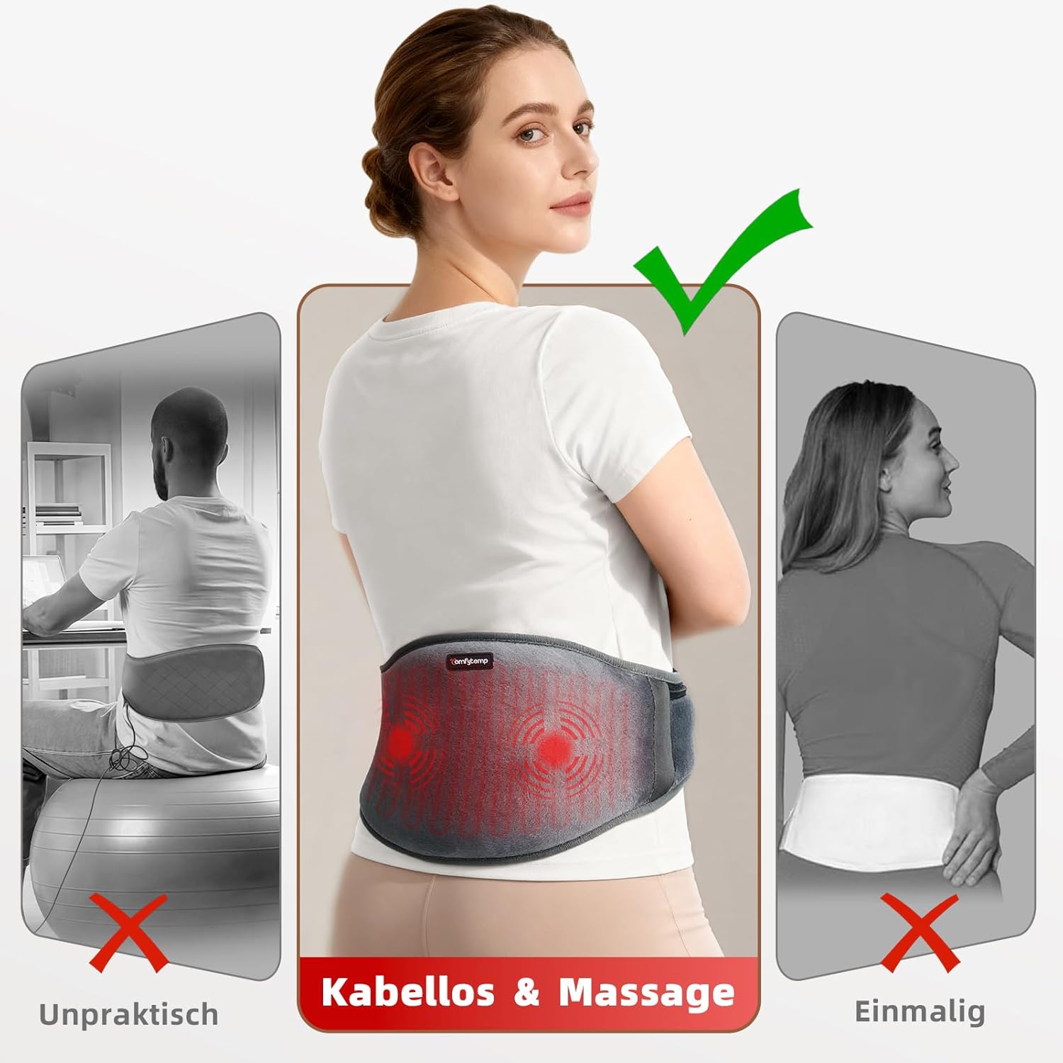 Comfytemp Wärmegürtel Vibrationsmassage für Rücken mit 25 Wh Akku, 147 x 18 cm kabelloses Massagegerät, Heizkissen, Wärmekissen, Rückenwärmer, Heizgürtel mit USB, Geschenke für Mütter, Frauen, Mama, Papa – Bild 5