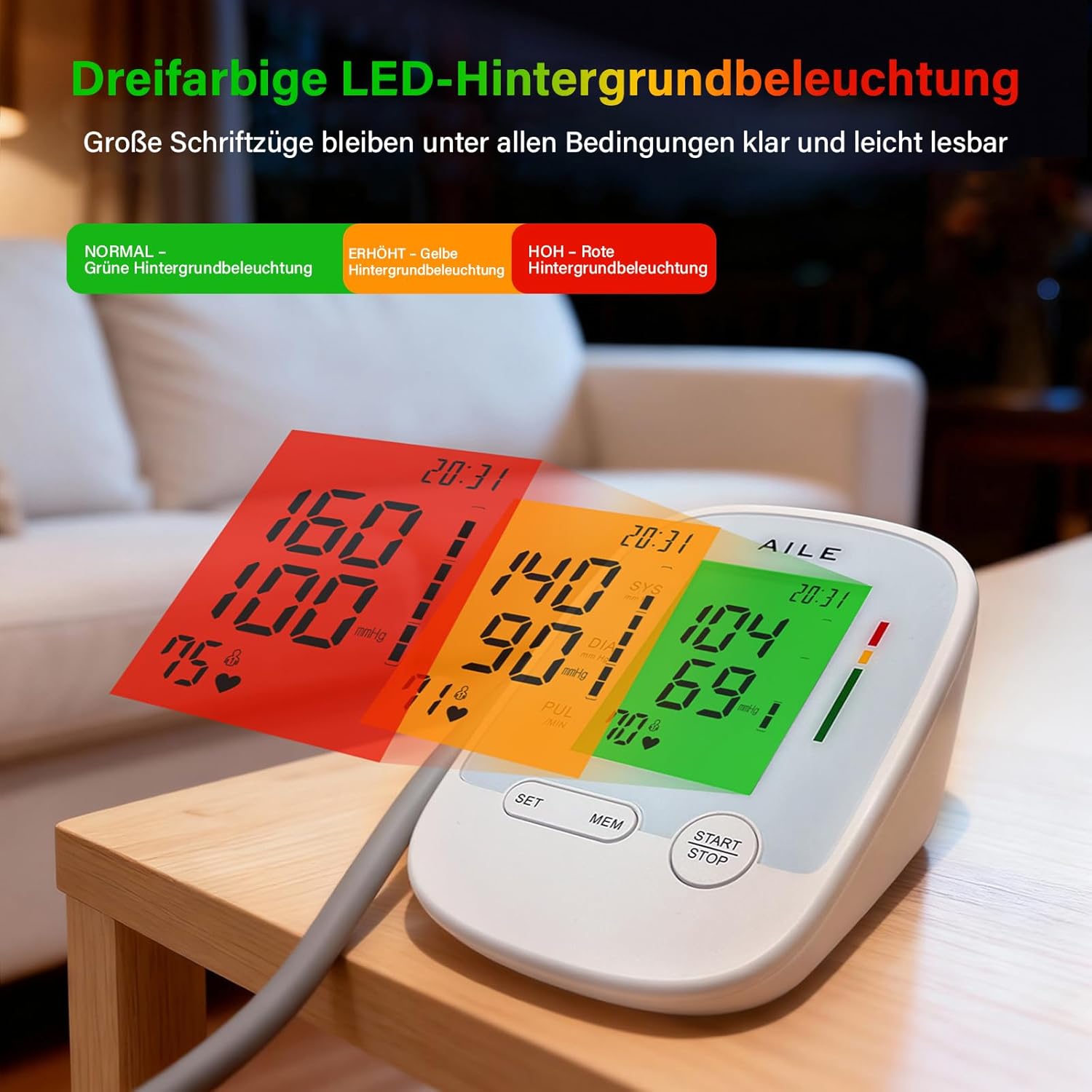 AILE X6 Oberarm-Blutdruckmessgerät (22–42 cm) – Automatisches Oberarm-Blutdruckmessgerät, klinische Präzision ±3 mmHg, 3-farbige Hintergrundbeleuchtung, großes LCD, 2 x 99 Speicher, Arrhythmie-Erkennung – Bild 3