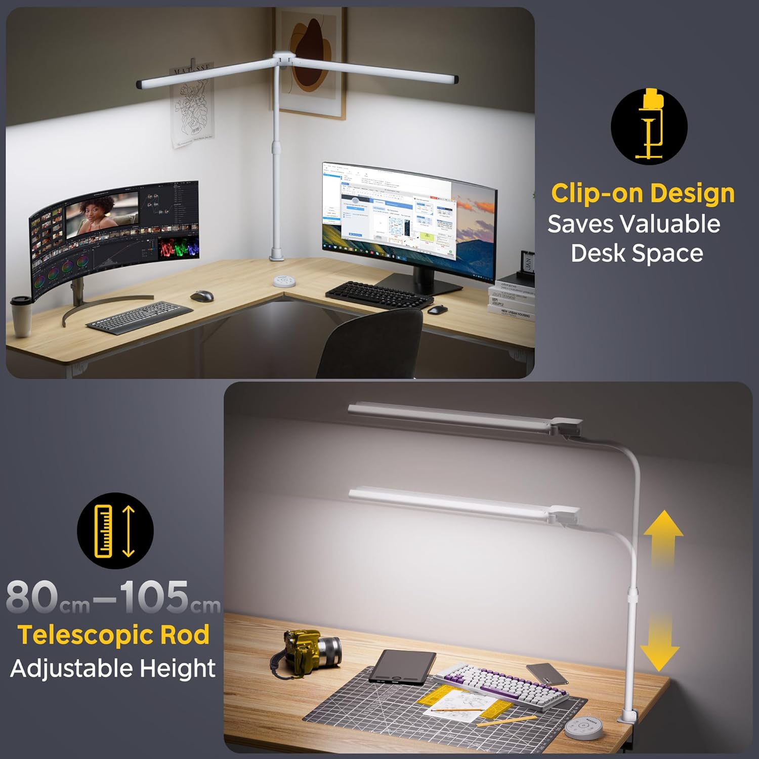 EYOCEAN Schreibtischlampe, Doppelkopf-Schreibtischlampe, Teleskopstange mit verstellbarer Höhe, 30 W 120 cm Tageslichtlampe Schreibtisch mit Fernbedienung, dimmbare Monitorlampe, Bürotischlampe – Bild 7